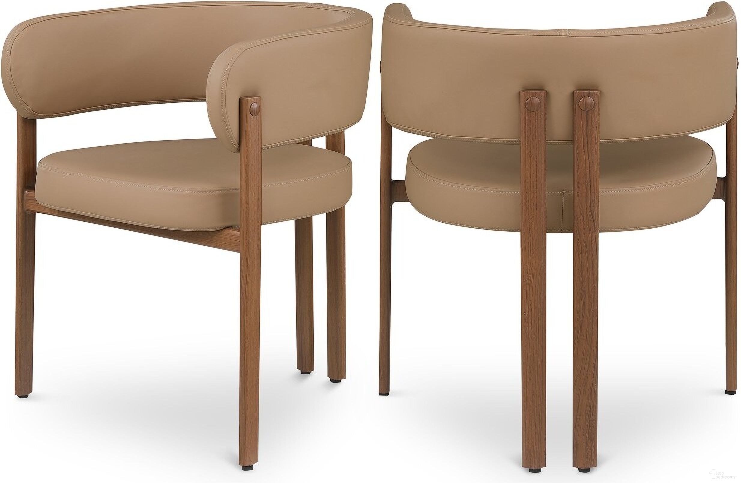 The appearance of Gideon Vegan Leather Dining Chair Set of 2 In Tan designed by Meridian in the modern / contemporary interior design. This tan piece of furniture  was selected by 1StopBedrooms from Gideon Collection to add a touch of cosiness and style into your home. Sku: 983Tan-C. Material: Iron. Chair Type: Arm Chair.