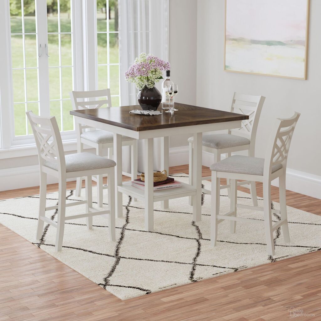 The appearance of Gill 5 Piece Counter Set with Table and Wood Back Chairs In Medium Brown and White designed by Picket House in the country / farmhouse interior design. This medium brown/white piece of furniture was selected by 1StopBedrooms from Gill Collection to add a touch of cosiness and style into your home. Sku: D-16720-7-5CS3. Table Base Style: Trestle. Table Top Shape: Square. Material: Acacia.