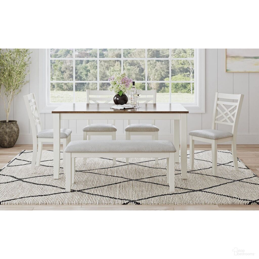 The appearance of Gill 6 Piece Dining Set with Table, Chair and Bench In Medium Brown and White designed by Picket House in the country / farmhouse interior design. This medium brown/white piece of furniture was selected by 1StopBedrooms from Gill Collection to add a touch of cosiness and style into your home. Sku: D-16720-7-6DS3. Table Base Style: Legs. Table Top Shape: Rectangular. Material: Acacia.