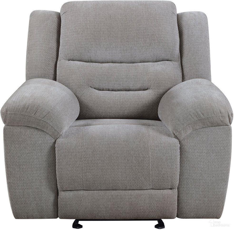The appearance of Gilson Chenille Upholstered Glider Recliner Chair In Grey designed by Coaster in the transitional interior design. This grey piece of furniture was selected by 1StopBedrooms from Gilson Collection to add a touch of cosiness and style into your home. Sku: 602553. Material: Polyester.