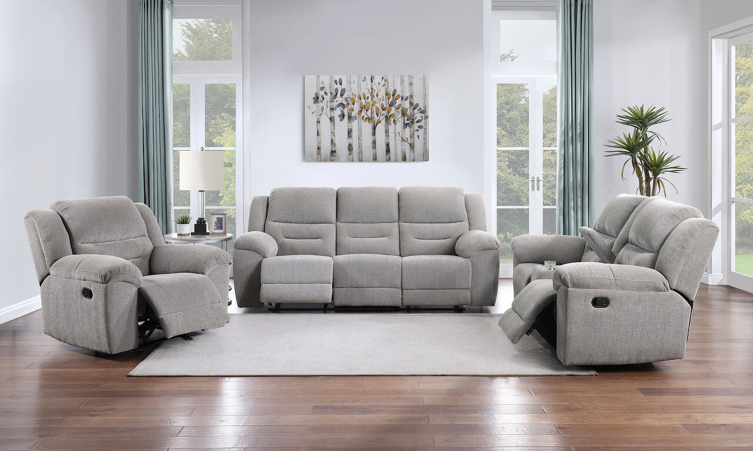 The appearance of Gilson Chenille Upholstered Reclining Living Room Set In Grey designed by Coaster in the transitional interior design. This grey piece of furniture was selected by 1StopBedrooms from Gilson Collection to add a touch of cosiness and style into your home. Sku: 602551;602552. Material: Fabric.