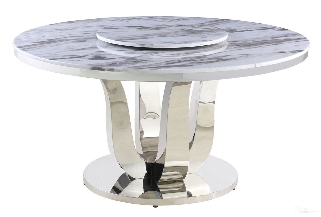 The appearance of Gina 58 x 58 Inch Round Dining Table with Lazy Susan In White Marble and Stainless Steel designed by Best Quality Furniture in the modern / contemporary interior design. This white/stainless steel piece of furniture  was selected by 1StopBedrooms from Gina Collection to add a touch of cosiness and style into your home. Sku: D16-DTT;D16-DTB;D16-DT-LS. Table Base Style: Pedestal. Table Top Shape: Round. Material: Marble. Size: 58".