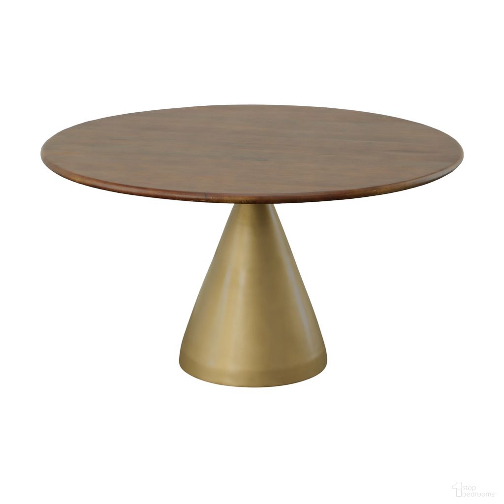 The appearance of Gio 54 Inch Pedestal Dining Table In Elm and Gold designed by Carolina Living in the modern / contemporary interior design. This elm and gold piece of furniture  was selected by 1StopBedrooms from Gio Collection to add a touch of cosiness and style into your home. Sku: PB5454-ELMGLD. Table Base Style: Pedestal. Table Top Shape: Round. Size: 54". Material: Mango Wood.