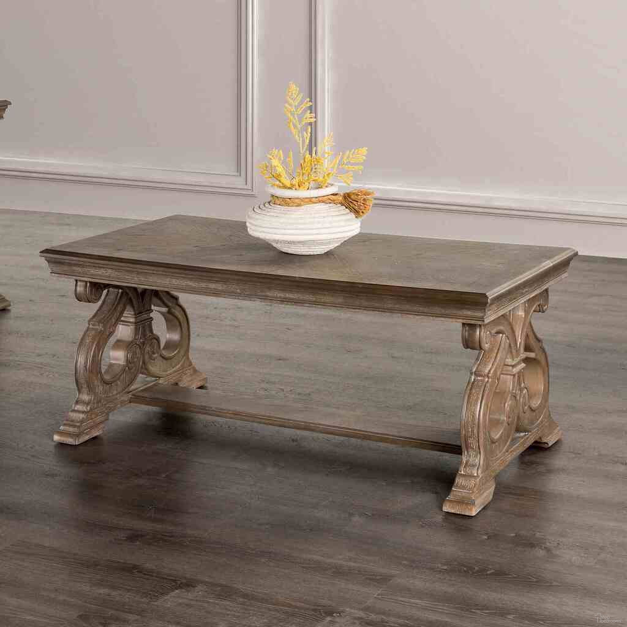 The appearance of Giordani Coffee Table In Weathered Oak designed by Furniture of America in the traditional interior design. This weathered oak piece of furniture was selected by 1StopBedrooms from Giordani Collection to add a touch of cosiness and style into your home. Sku: FM4519AK-C. Material: Solid Wood.