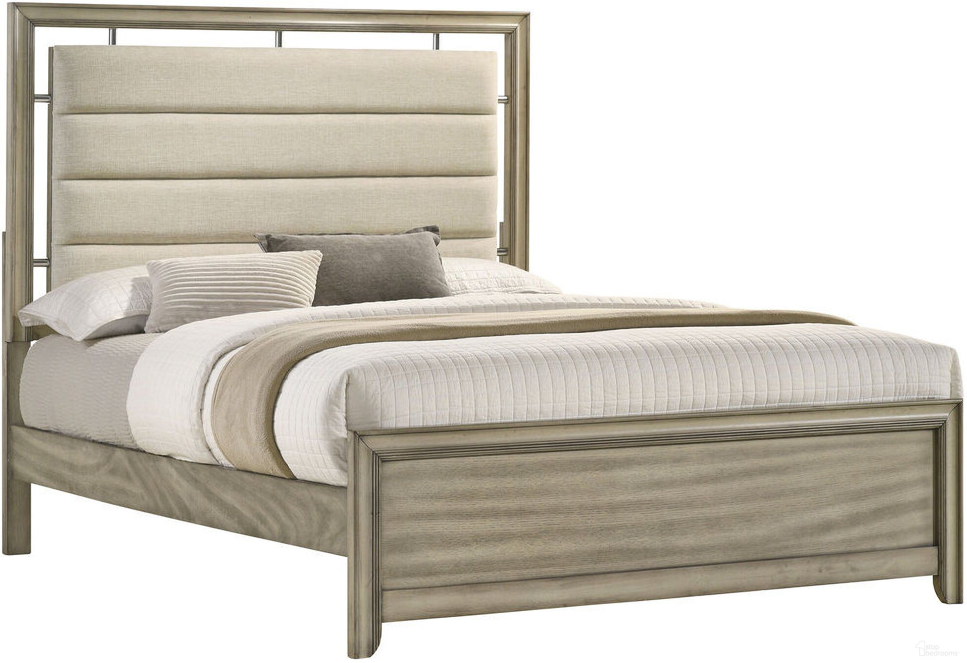The appearance of Giselle California King Panel Bed with Upholstered Headboard Rustic Beige designed by Coaster in the country / farmhouse interior design. This beige piece of furniture was selected by 1StopBedrooms from Giselle Collection to add a touch of cosiness and style into your home. Sku: 224391KWB1;224391KWB2;224391KWB3. Bed Type: Panel Bed. Material: Wood. Bed Size: California King.