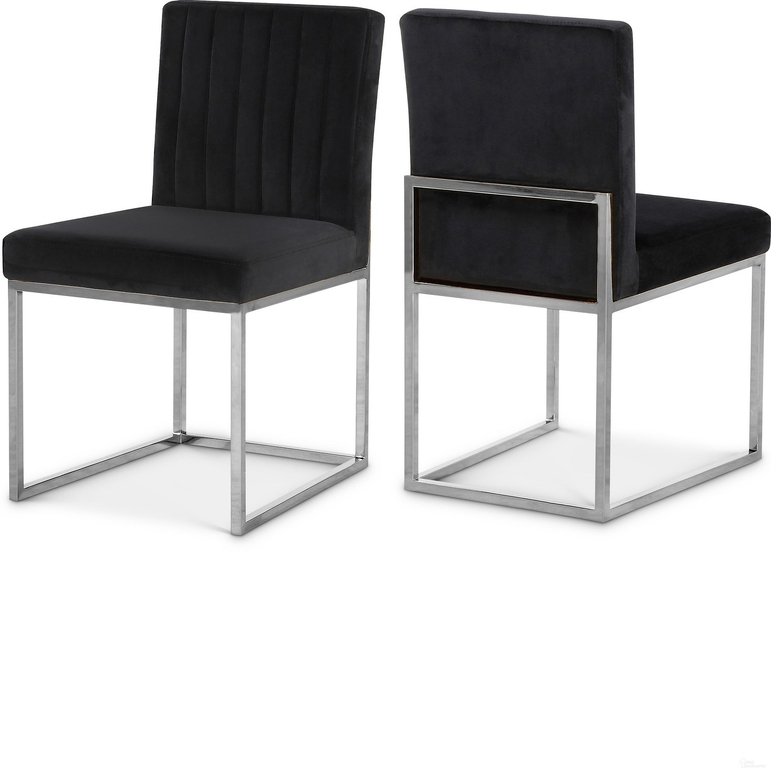 The appearance of Giselle Velvet Dining Chair Set of 2 In Black and Chrome designed by Meridian in the modern / contemporary interior design. This black piece of furniture  was selected by 1StopBedrooms from Giselle Collection to add a touch of cosiness and style into your home. Sku: 779Black-C. Material: Velvet. Chair Type: Side Chair.