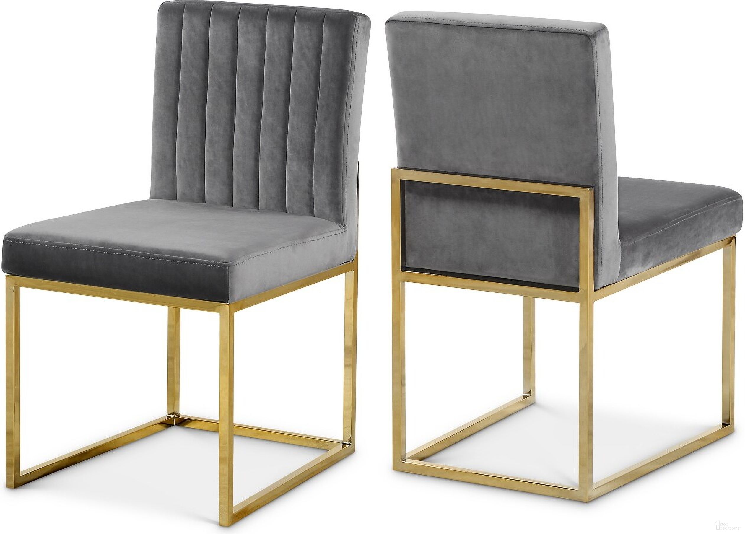 The appearance of Giselle Velvet Dining Chair Set of 2 In Grey/Gold designed by Meridian in the modern / contemporary interior design. This grey piece of furniture was selected by 1StopBedrooms from Giselle Collection to add a touch of cosiness and style into your home. Sku: 778Grey-C. Material: Velvet. Chair Type: Side Chair.