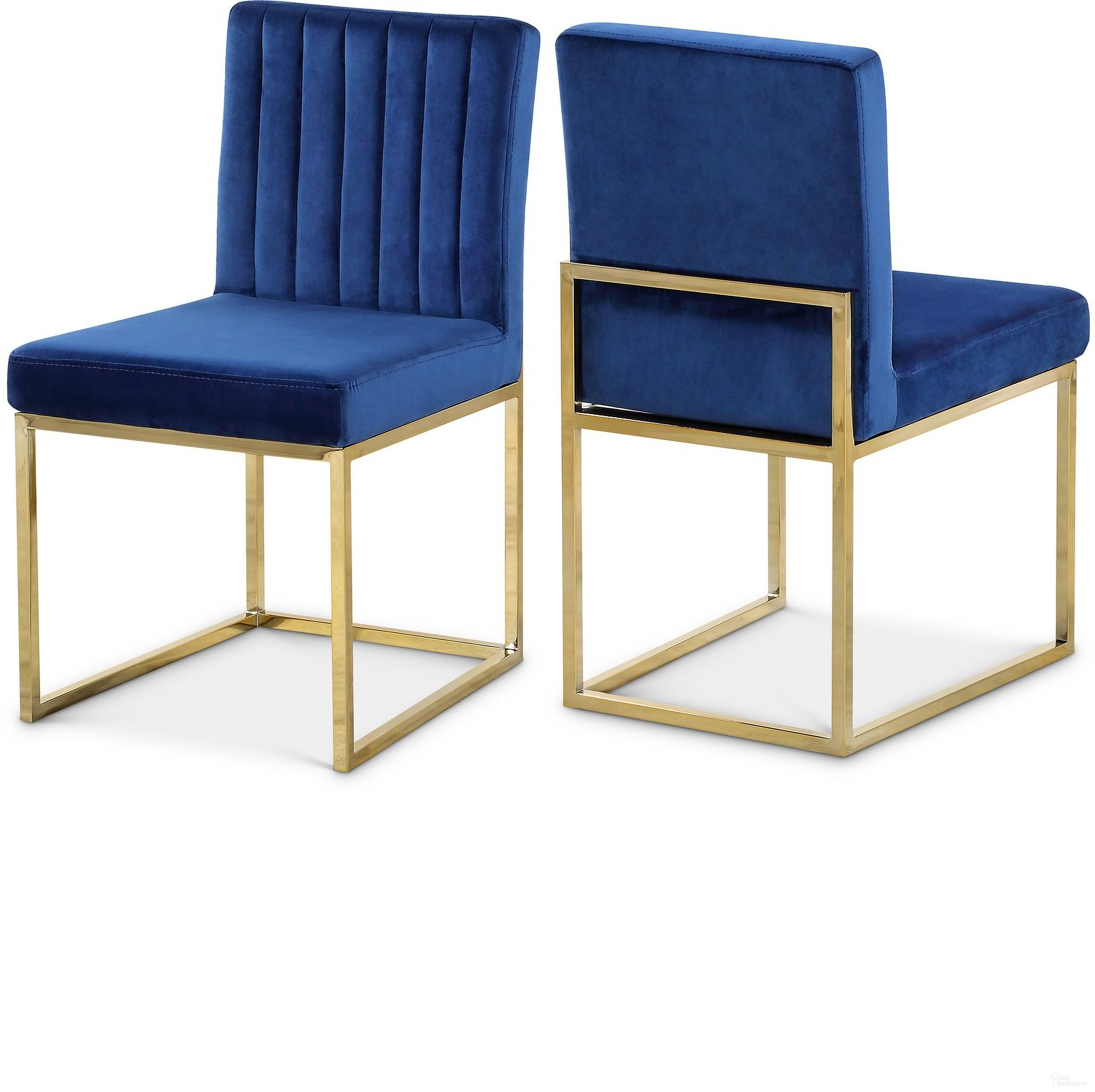 The appearance of Giselle Velvet Dining Chair Set of 2 In Navy/Gold designed by Meridian in the modern / contemporary interior design. This navy piece of furniture was selected by 1StopBedrooms from Giselle Collection to add a touch of cosiness and style into your home. Sku: 778Navy-C. Material: Velvet. Chair Type: Side Chair.