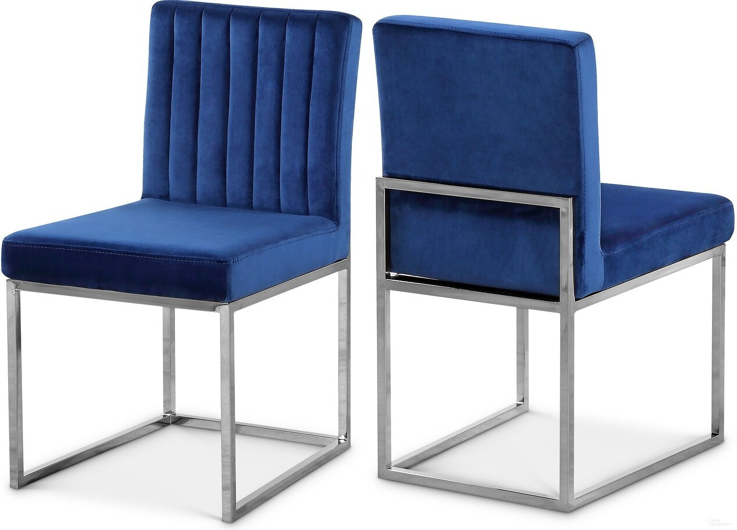 The appearance of Giselle Velvet Dining Chair Set of 2 In Navy/Chrome designed by Meridian in the modern / contemporary interior design. This navy piece of furniture was selected by 1StopBedrooms from Giselle Collection to add a touch of cosiness and style into your home. Sku: 779Navy-C. Material: Velvet. Chair Type: Side Chair.