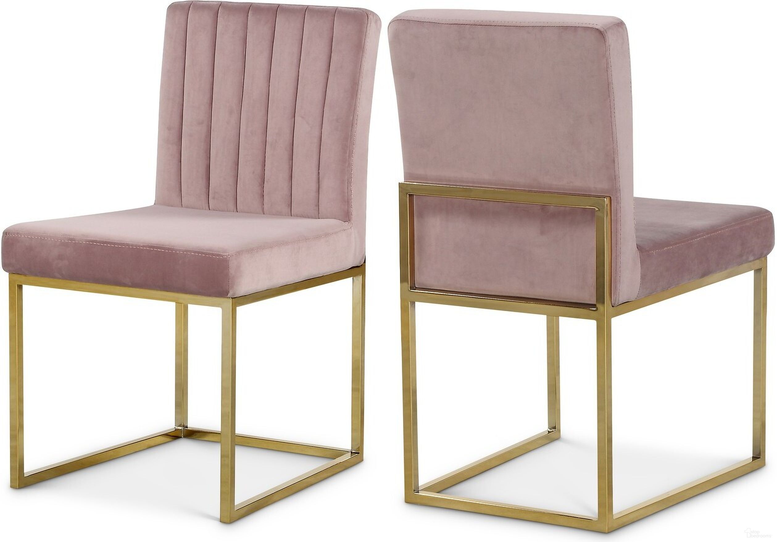 The appearance of Giselle Velvet Dining Chair Set of 2 In Pink designed by Meridian in the modern / contemporary interior design. This pink piece of furniture was selected by 1StopBedrooms from Giselle Collection to add a touch of cosiness and style into your home. Sku: 778Pink-C. Material: Velvet. Chair Type: Side Chair.