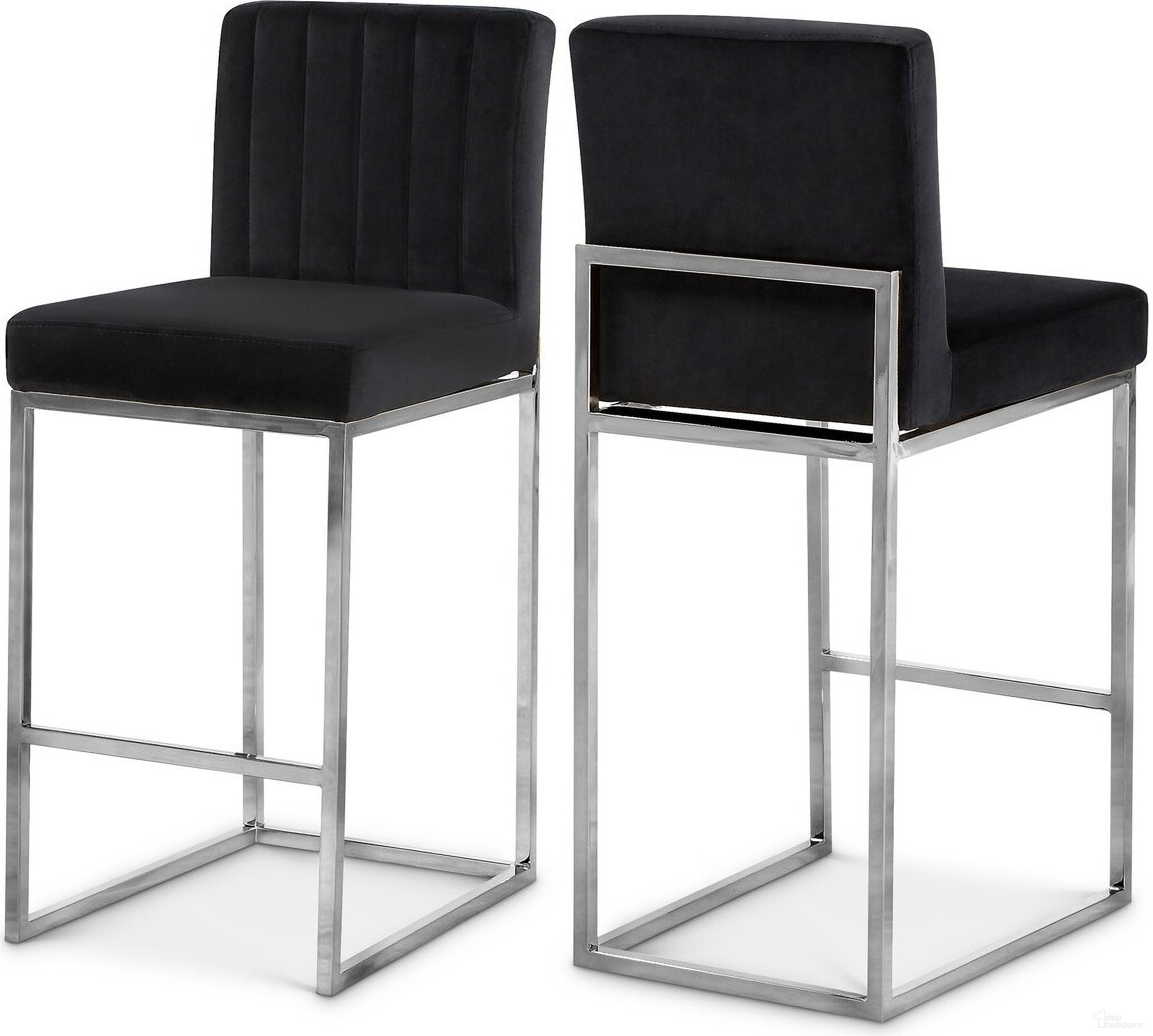 The appearance of Giselle Velvet Stool In Black/Chrome designed by Meridian in the modern / contemporary interior design. This black piece of furniture  was selected by 1StopBedrooms from Giselle Collection to add a touch of cosiness and style into your home. Sku: 782Black-C. Material: Velvet.