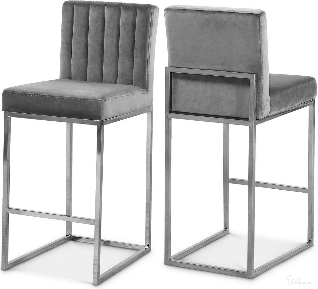 The appearance of Giselle Velvet Stool In Grey/Chrome designed by Meridian in the modern / contemporary interior design. This grey piece of furniture  was selected by 1StopBedrooms from Giselle Collection to add a touch of cosiness and style into your home. Sku: 782Grey-C. Material: Velvet.