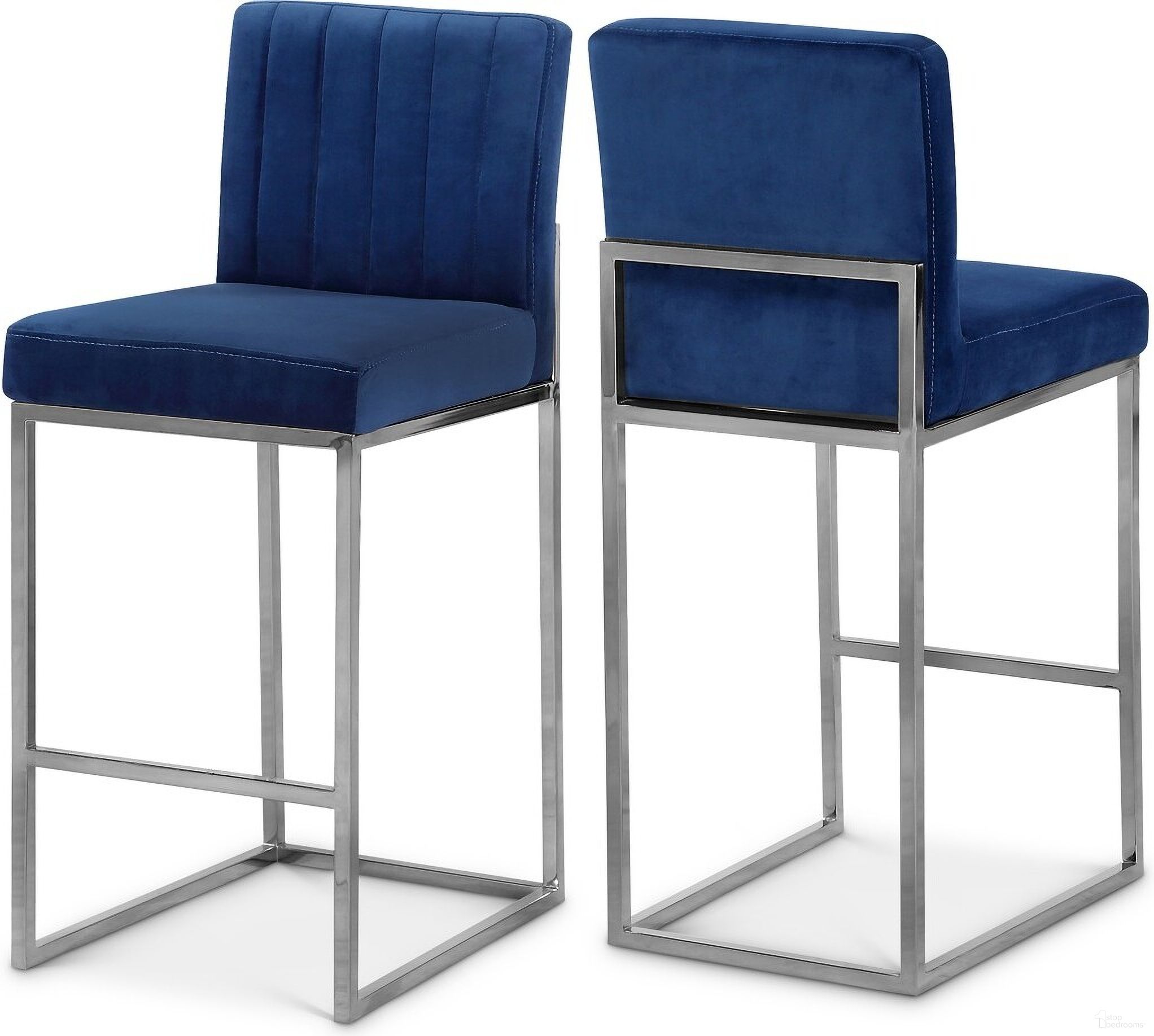 The appearance of Giselle Velvet Stool In Navy/Chrome designed by Meridian in the modern / contemporary interior design. This navy piece of furniture was selected by 1StopBedrooms from Giselle Collection to add a touch of cosiness and style into your home. Sku: 782Navy-C. Material: Velvet.