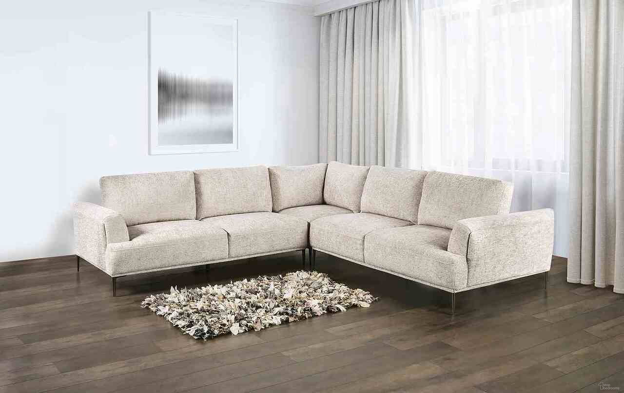 The appearance of Gladbach Large L-Shaped Sectional In Light Brown designed by Furniture of America in the modern / contemporary interior design. This light brown piece of furniture was selected by 1StopBedrooms from Gladbach Collection to add a touch of cosiness and style into your home. Sku: FM63007LB-CNR;FM63007LB-LLV;FM63007LB-RLV. Material: Chenille. Layout: L-Shape.