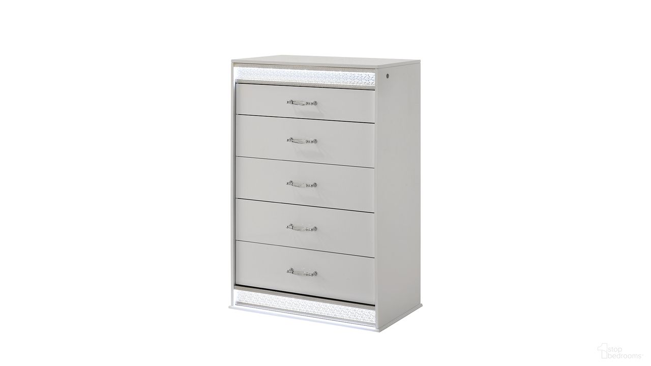 The appearance of Glam Chest In White designed by Galaxy Home Furnishings in the modern / contemporary interior design. This white piece of furniture  was selected by 1StopBedrooms from Glam Collection to add a touch of cosiness and style into your home. Sku: 601955555609. Material: Solid Wood.