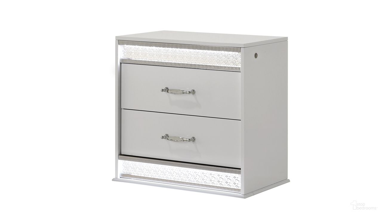 The appearance of Glam Nightstand In White designed by Galaxy Home Furnishings in the modern / contemporary interior design. This white piece of furniture was selected by 1StopBedrooms from Glam Collection to add a touch of cosiness and style into your home. Sku: 601955555593. Material: Solid Wood.