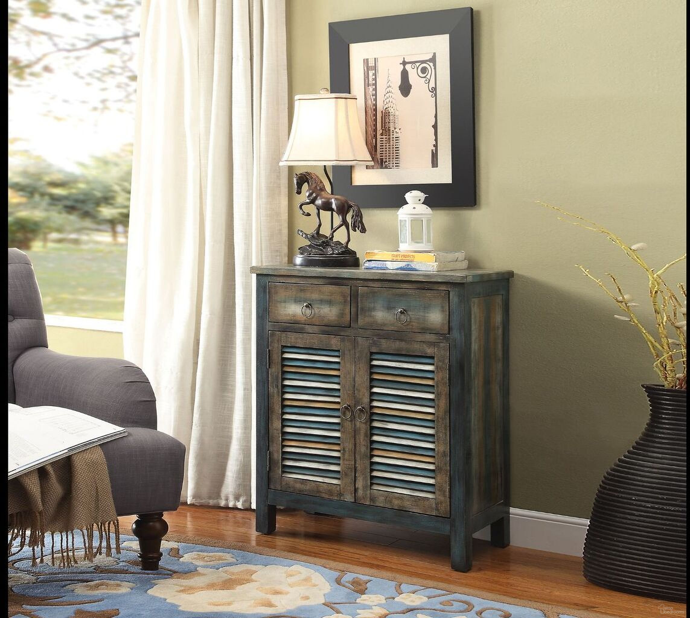 The appearance of Glancio Antique Oak and Teal 2 Drawer Console Table designed by ACME in the country / farmhouse interior design. This brown piece of furniture was selected by 1StopBedrooms from Glancio Collection to add a touch of cosiness and style into your home. Sku: 97253. Material: Wood.