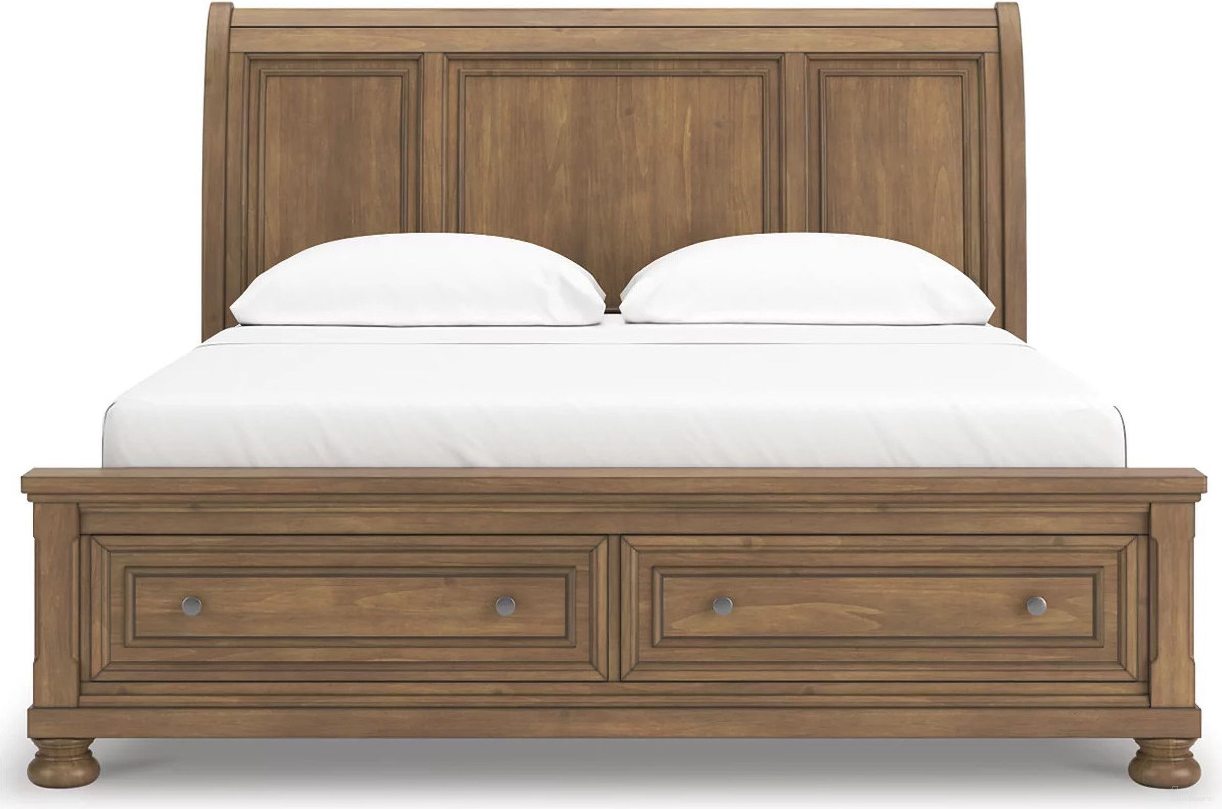 The appearance of Glarrison California King Storage Sleigh Bed In Medium Brown designed by Signature Design by Ashley in the transitional interior design. This medium brown piece of furniture  was selected by 1StopBedrooms from Glarrison Collection to add a touch of cosiness and style into your home. Sku: NCB779-76;NCB779-78;NCB779-95. Bed Type: Storage Bed. Bed Size: California King.