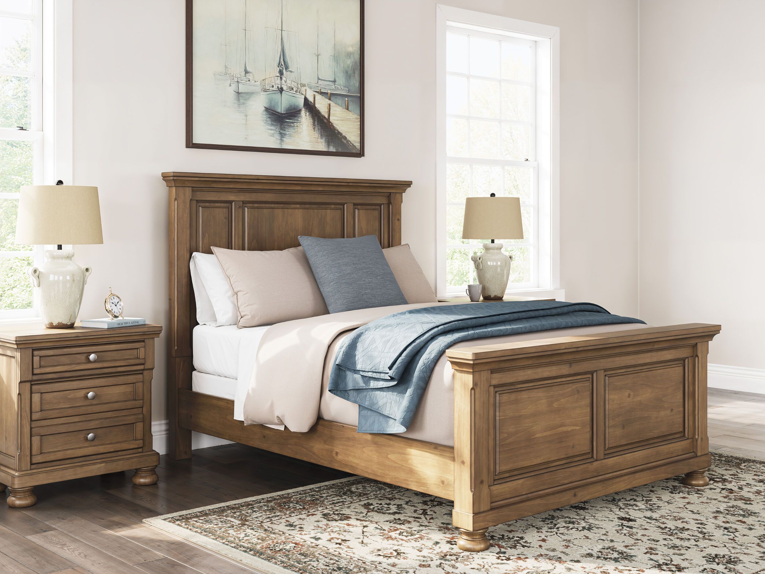 The appearance of Glarrison Panel Bedroom Set In Medium Brown designed by Signature Design by Ashley in the transitional interior design. This medium brown piece of furniture was selected by 1StopBedrooms from Glarrison Collection to add a touch of cosiness and style into your home. Sku: NCB779-54;NCB779-57;NCB779-96;NCB779-92. Material: Wood. Bed Size: California King.