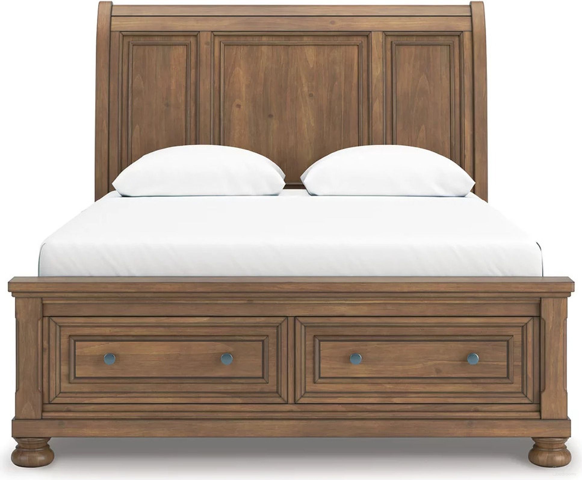 The appearance of Glarrison Queen Storage Sleigh Bed In Medium Brown designed by Signature Design by Ashley in the transitional interior design. This medium brown piece of furniture  was selected by 1StopBedrooms from Glarrison Collection to add a touch of cosiness and style into your home. Sku: NCB779-74;NCB779-77;NCB779-98. Bed Type: Storage Bed. Bed Size: Queen.