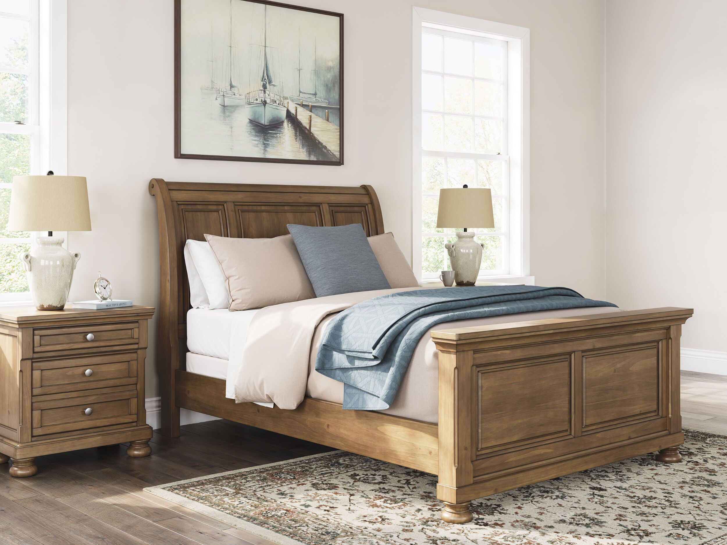 The appearance of Glarrison Sleigh Bedroom Set In Medium Brown designed by Signature Design by Ashley in the transitional interior design. This medium brown piece of furniture was selected by 1StopBedrooms from Glarrison Collection to add a touch of cosiness and style into your home. Sku: NCB779-54;NCB779-77;NCB779-96;NCB779-92. Material: Wood. Bed Size: California King.