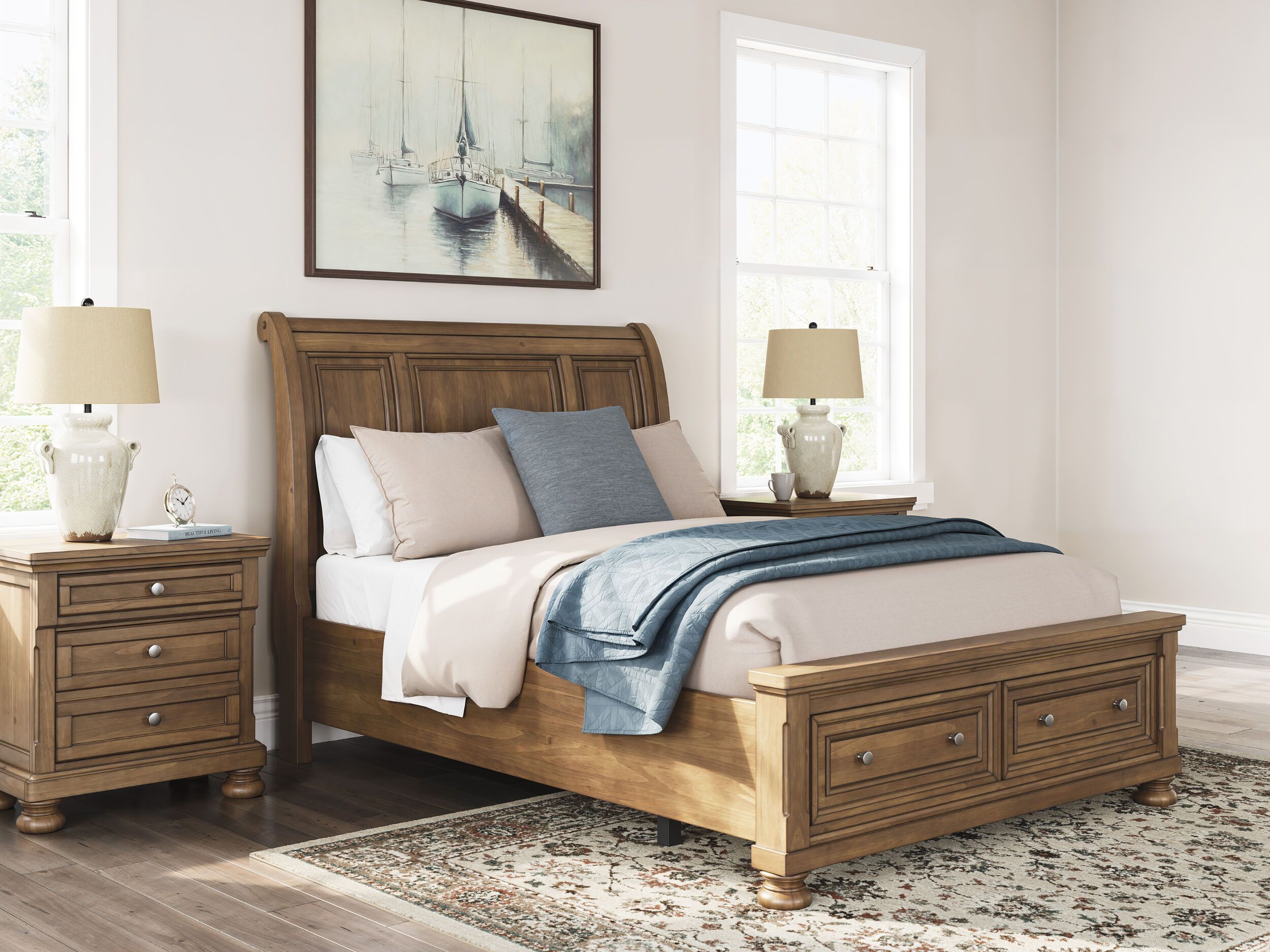 The appearance of Glarrison Storage Sleigh Bedroom Set In Medium Brown designed by Signature Design by Ashley in the transitional interior design. This medium brown piece of furniture  was selected by 1StopBedrooms from Glarrison Collection to add a touch of cosiness and style into your home. Sku: NCB779-74;NCB779-77;NCB779-98;NCB779-92. Material: Wood. Bed Size: California King.