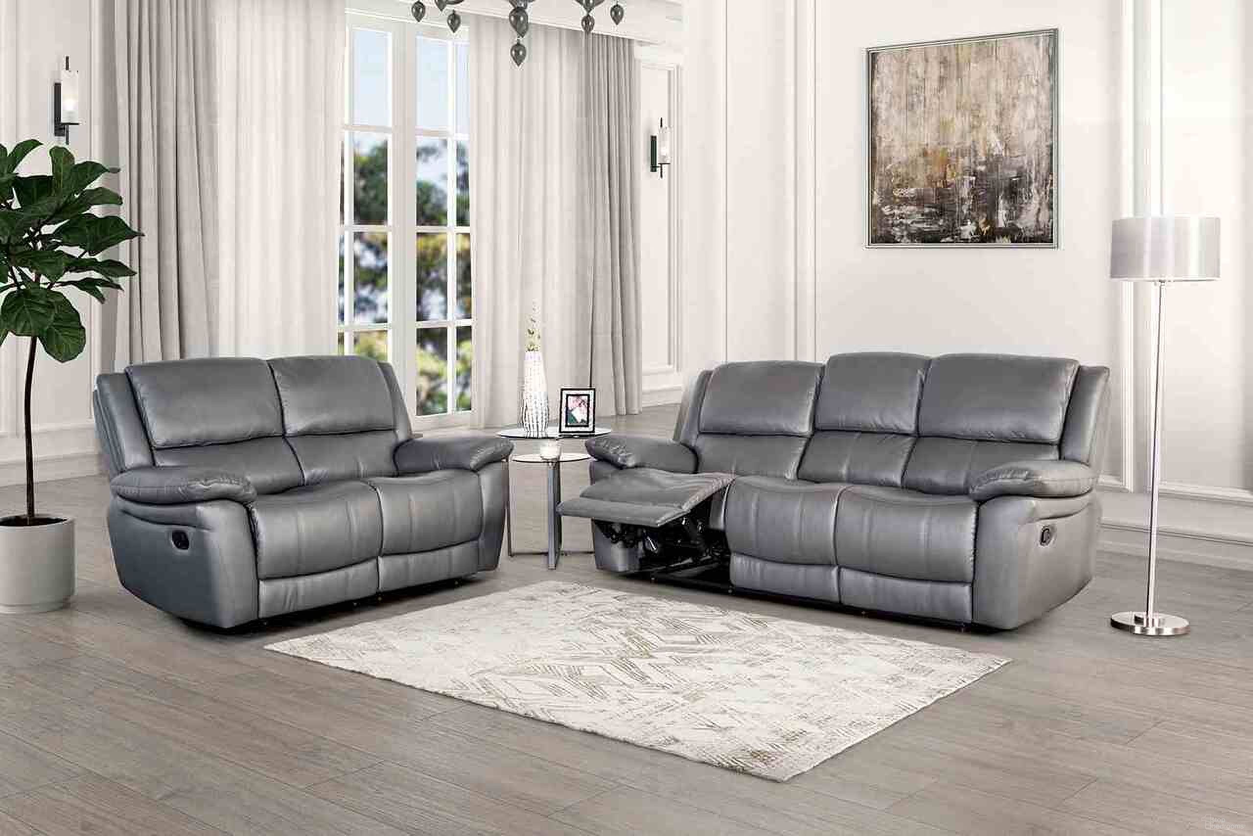 The appearance of Glarus Living Room Set In Dark Gray designed by Furniture of America in the transitional interior design. This dark gray piece of furniture was selected by 1StopBedrooms from Glarus Collection to add a touch of cosiness and style into your home. Sku: FM69003DG-SF-M;FM69003DG-LV-M. Material: Leather.
