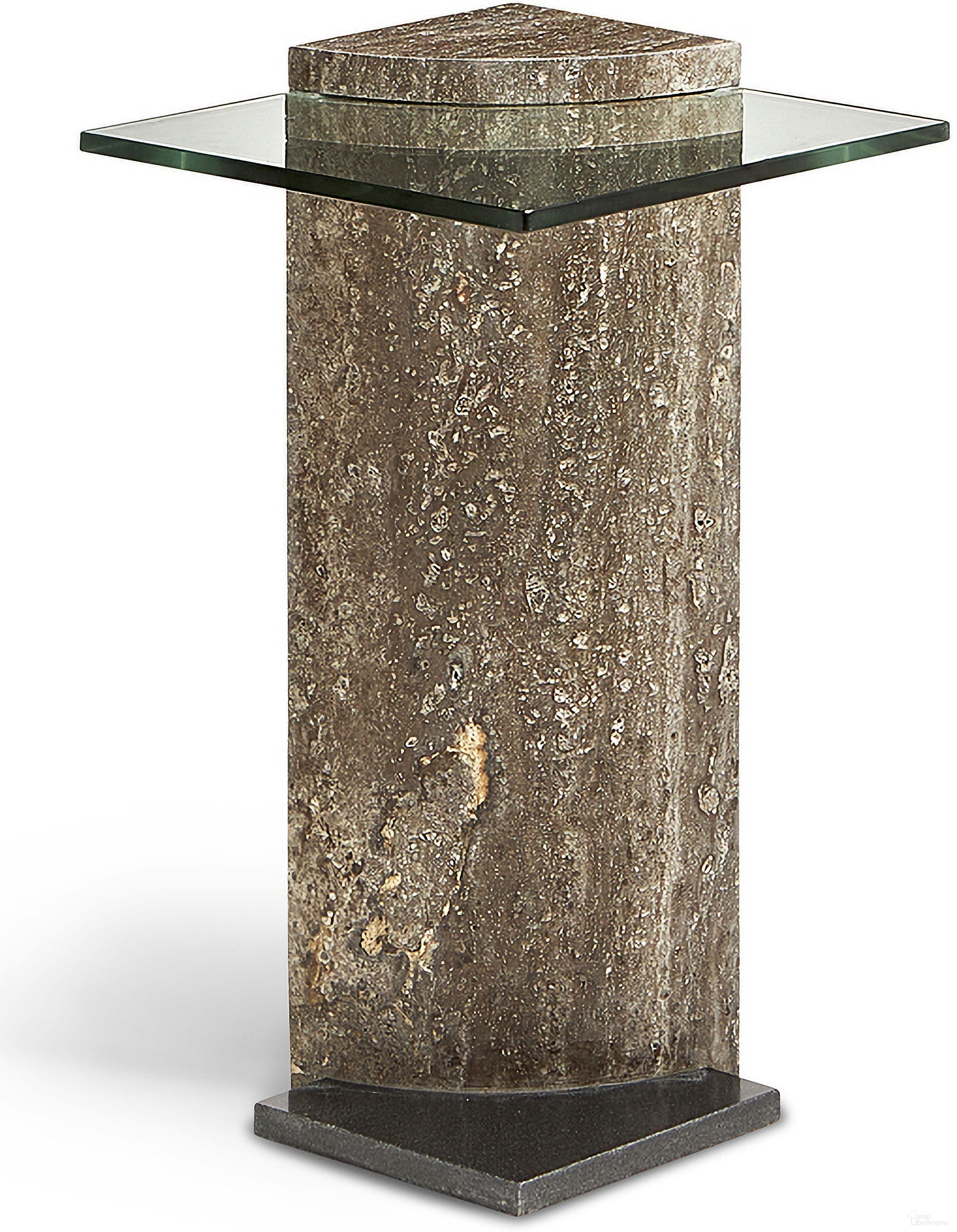 The appearance of Glass Travertine Pillar Side Table In Gray and Black designed by Maitland-Smith in the modern / contemporary interior design. This gray and black piece of furniture  was selected by 1StopBedrooms from Maitland Smith Collection to add a touch of cosiness and style into your home. Sku: 8376-32. Material: Travertine.