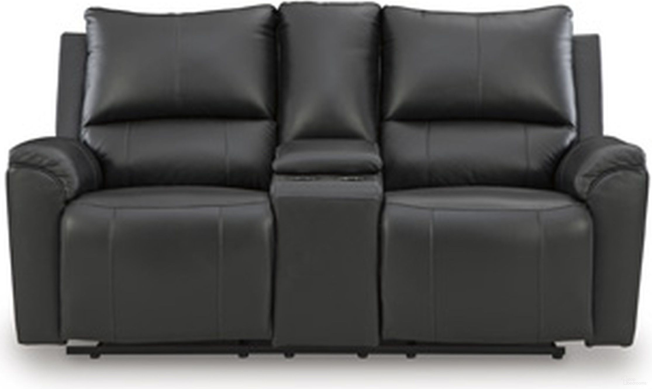 The appearance of Glassmere Reclining Loveseat with Console In Black designed by Signature Design by Ashley in the modern / contemporary interior design. This black piece of furniture was selected by 1StopBedrooms from Glassmere Collection to add a touch of cosiness and style into your home. Sku: NCU1170094. Material: Leather Match.
