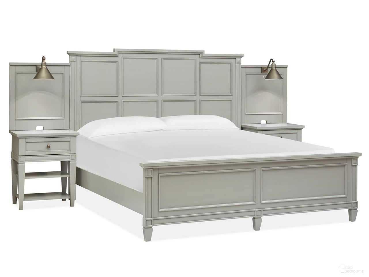 The appearance of Glenbrook Open Nightstand Hutch with Lamp In Pebble designed by Magnussen in the transitional interior design. This pebble piece of furniture  was selected by 1StopBedrooms from Glenbrook Collection to add a touch of cosiness and style into your home. Sku: B5668-05T. Material: Birch Veneer.