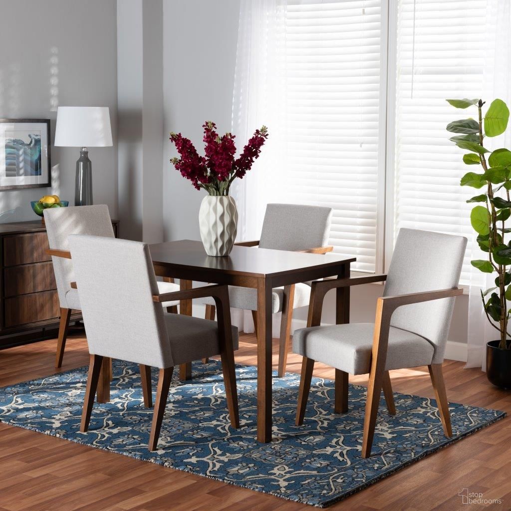 Glenda Fabric Upholstered and Wood 5-Piece Dining Set In Greyish Beige and Walnut Brown