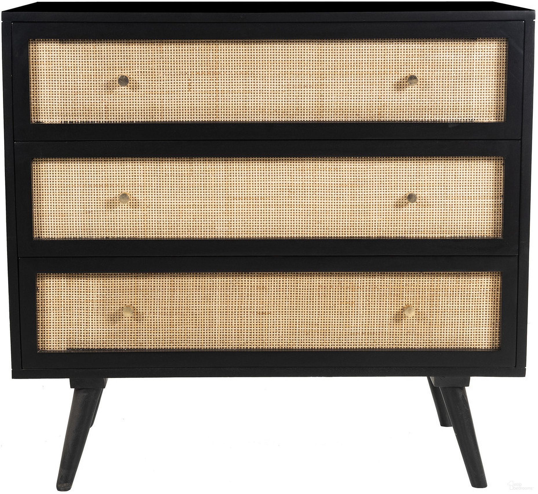 The appearance of Glenda Solid Wood Three-Drawer Chest with Natural Cane In Black designed by Aeon in the modern / contemporary interior design. This black and natural piece of furniture  was selected by 1StopBedrooms from Glenda Collection to add a touch of cosiness and style into your home. Sku: AESP-13973-Black. Material: Wood.