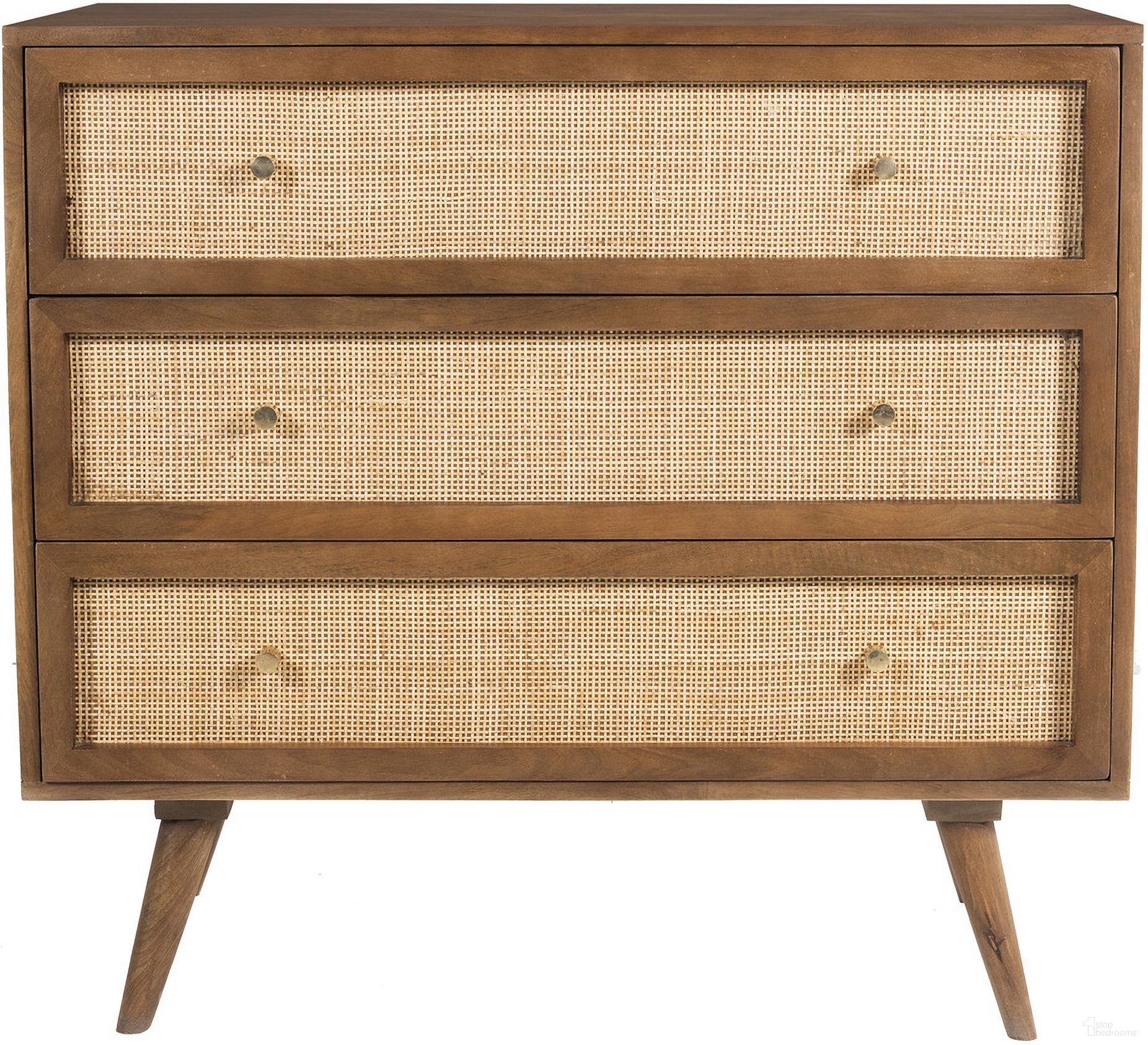 The appearance of Glenda Solid Wood Three-Drawer Chest with Natural Cane In Walnut designed by Aeon in the modern / contemporary interior design. This walnut piece of furniture  was selected by 1StopBedrooms from Glenda Collection to add a touch of cosiness and style into your home. Sku: AESP-13973-Walnut. Material: Wood.