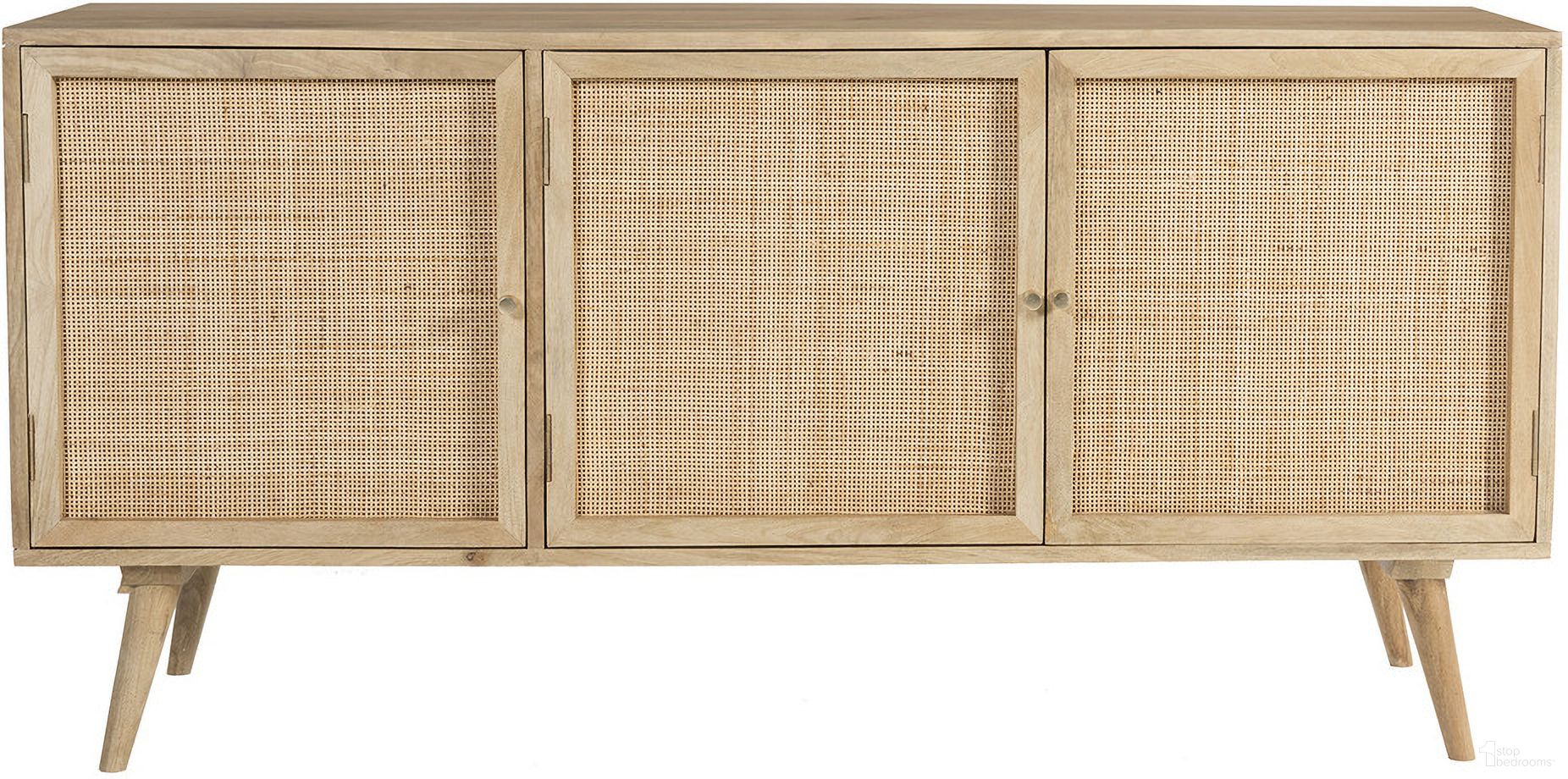 The appearance of Glenda Three-Door Solid Wood Sideboard In Natural designed by Aeon in the modern / contemporary interior design. This natural piece of furniture  was selected by 1StopBedrooms from Glenda Collection to add a touch of cosiness and style into your home. Sku: AESP-11473-Natural. Material: Wood.