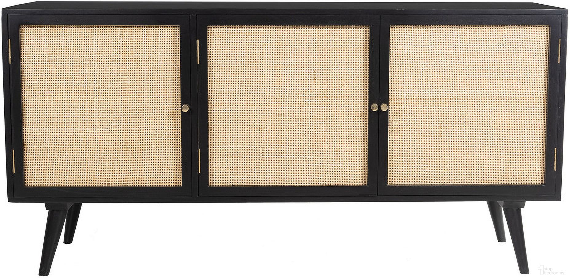 The appearance of Glenda Three-Door Solid Wood with Natural Cane Sideboard In Black designed by Aeon in the modern / contemporary interior design. This black and natural piece of furniture was selected by 1StopBedrooms from Glenda Collection to add a touch of cosiness and style into your home. Sku: AESP-11473-Black. Material: Wood.