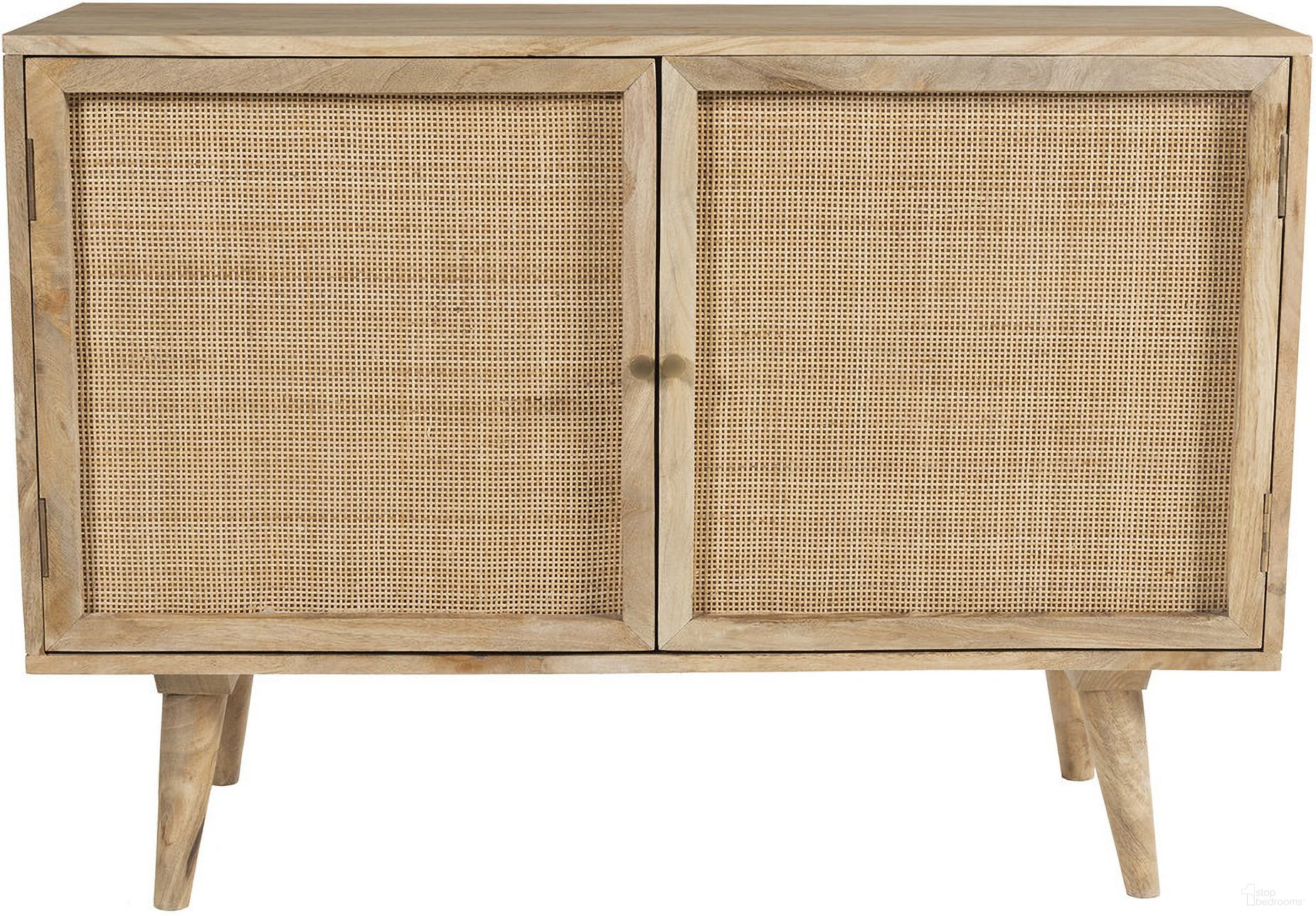 The appearance of Glenda Two-Door Solid Wood Sideboard In Natural designed by Aeon in the modern / contemporary interior design. This natural piece of furniture  was selected by 1StopBedrooms from Glenda Collection to add a touch of cosiness and style into your home. Sku: AESP-11582-Natural. Material: Wood.