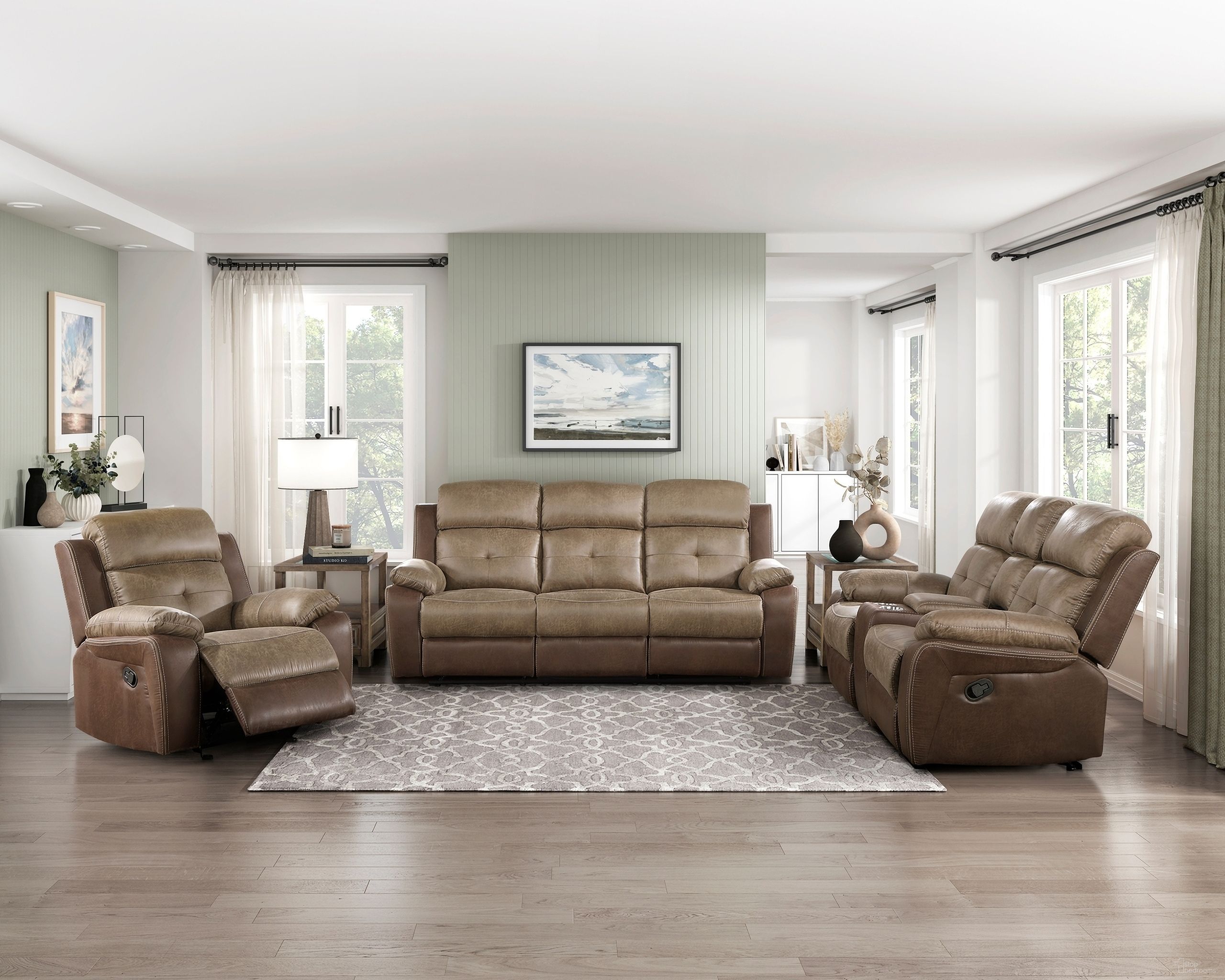 The appearance of Glendale Double Reclining Living Room Set In Brown designed by Homelegance in the transitional interior design. This brown piece of furniture  was selected by 1StopBedrooms from Glendale Collection to add a touch of cosiness and style into your home. Sku: 8599BR-3;8599BR-2. Material: Microfiber.