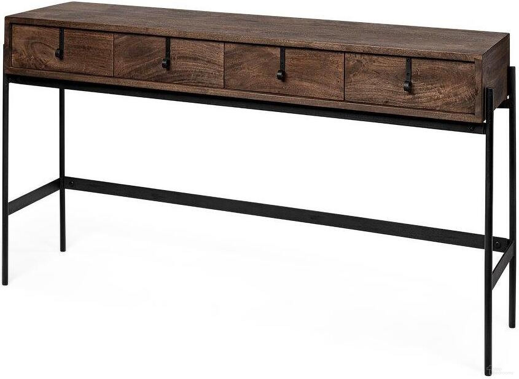 The appearance of Glenn Iii Dark Brown Wood With Black Iron Frame 4 Drawer Console Table designed by Mercana in the modern / contemporary interior design. This black and brown piece of furniture  was selected by 1StopBedrooms from Glenn Collection to add a touch of cosiness and style into your home. Sku: 69017. Material: Wood.