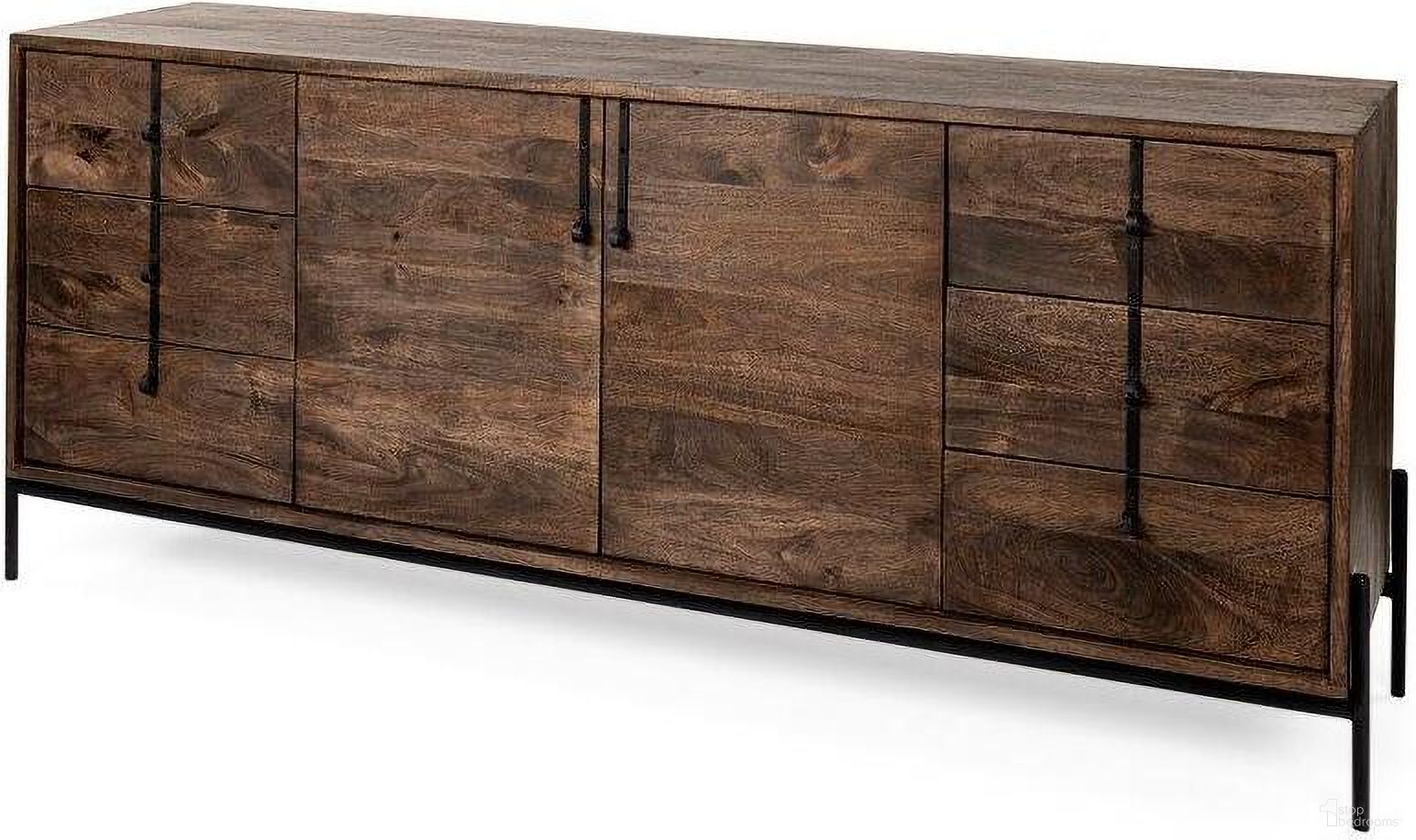 The appearance of Glenn Vi Dark Brown Wood Frame With Black Iron Accent 6 Drawer And 2 Door Cabinet Sideboard designed by Mercana in the modern / contemporary interior design. This black and brown piece of furniture  was selected by 1StopBedrooms from Glenn Collection to add a touch of cosiness and style into your home. Sku: 69020. Material: Wood.