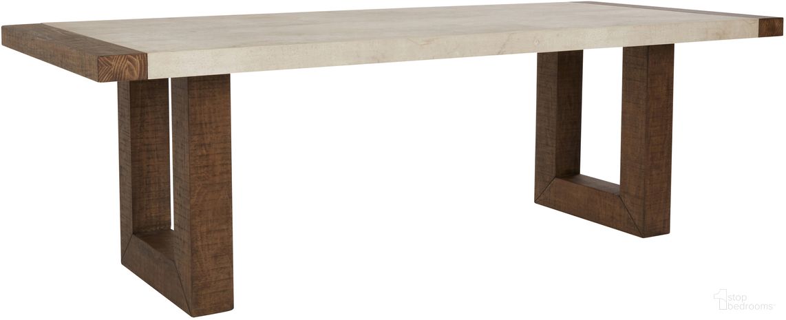 The appearance of Glenwood 94 Inch Dining Table In Alabaster White and Chestnut designed by Classic Home in the modern / contemporary interior design. This alabaster white and chestnut piece of furniture  was selected by 1StopBedrooms from Glenwood Collection to add a touch of cosiness and style into your home. Sku: 51031276. Table Base Style: Double Pedestal. Table Top Shape: Rectangular. Size: 40" x 94". Material: Concrete Laminate.