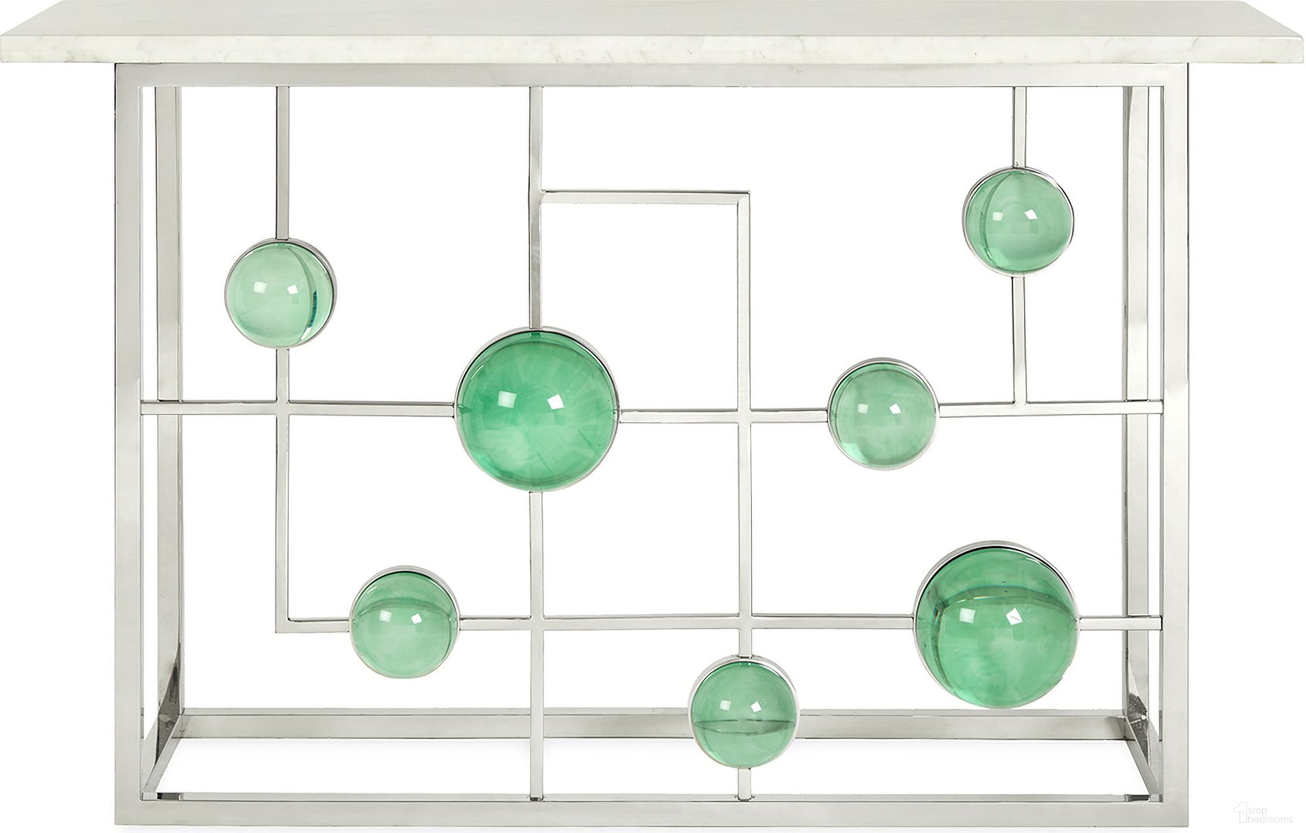 Globo Fretwork Console In White Marble/Polished Nickel/Emerald