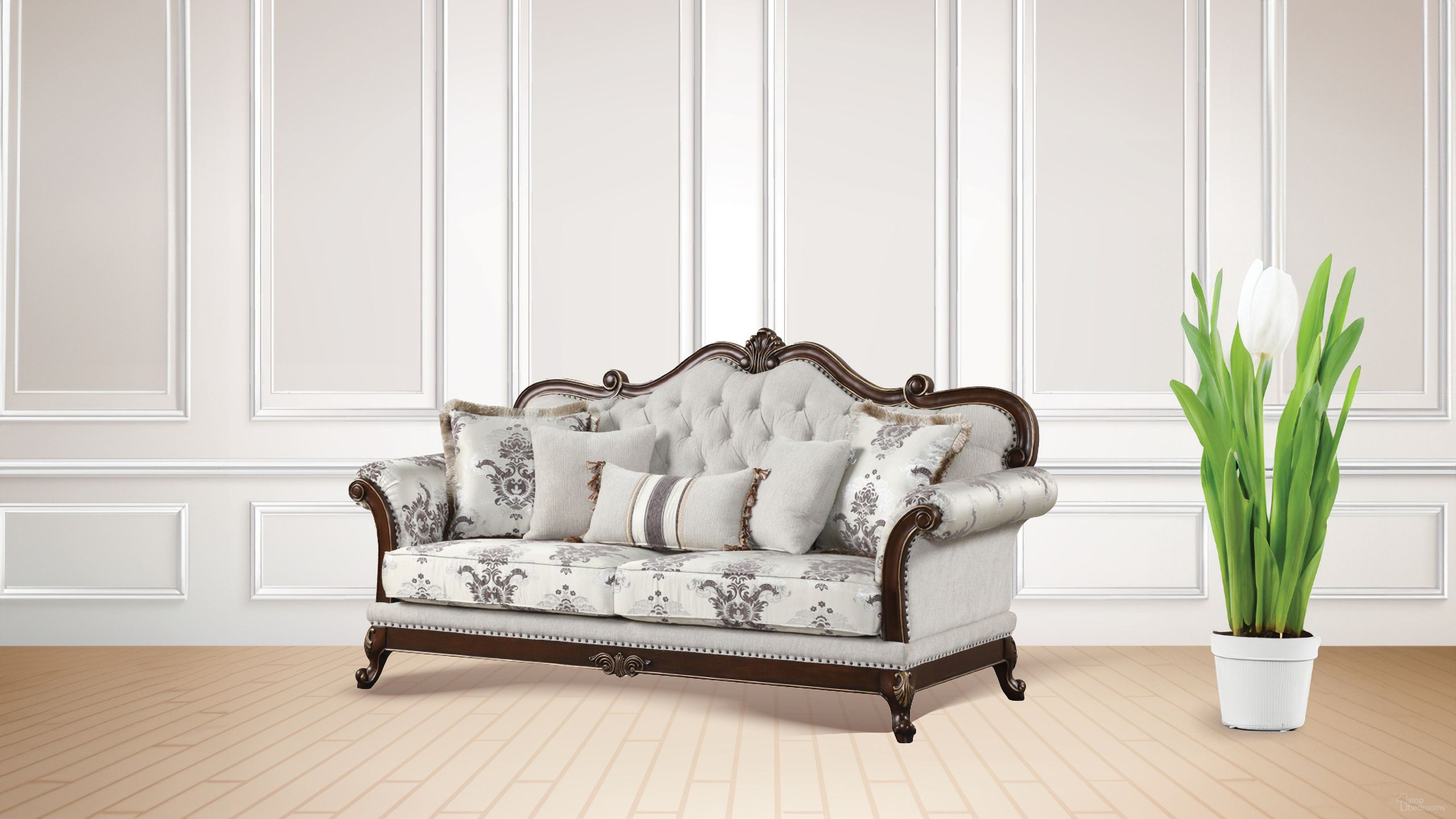 The appearance of Gloria Button Tufted Sofa In White designed by Galaxy Home Furnishings in the traditional interior design. This white piece of furniture was selected by 1StopBedrooms from Gloria Collection to add a touch of cosiness and style into your home. Sku: 698781353257. Material: Wood.