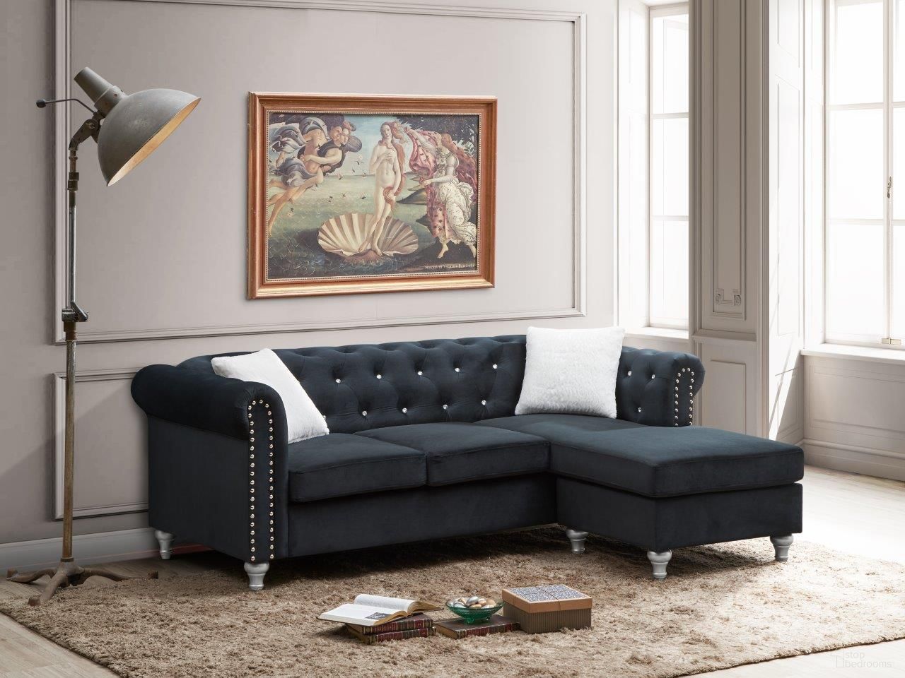 The appearance of Glory Furniture Raisa Black Sofa Chaise designed by Glory in the modern / contemporary interior design. This black piece of furniture was selected by 1StopBedrooms from Raisa Collection to add a touch of cosiness and style into your home. Sku: G863B-SCH Box 1;G863B-SCH Box 2;G863B-SCH Box 3. Material: Velvet.