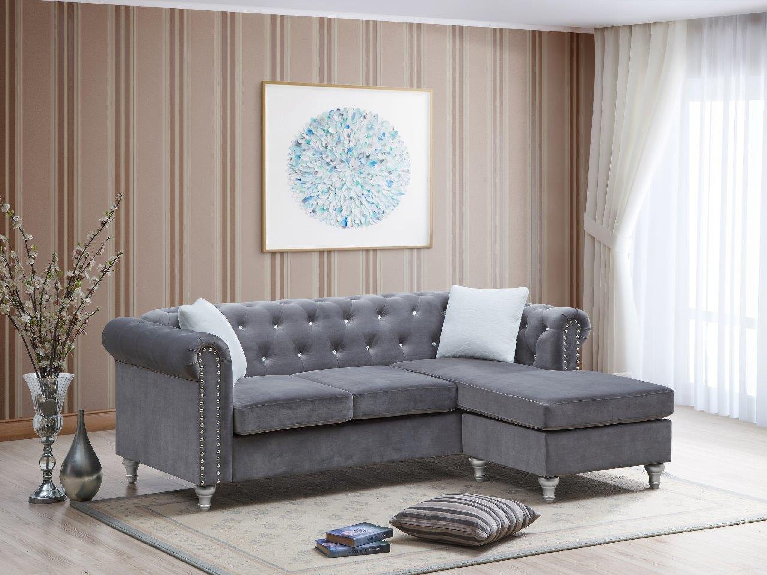 The appearance of Glory Furniture Raisa Gray Sofa Chaise designed by Glory in the modern / contemporary interior design. This gray piece of furniture  was selected by 1StopBedrooms from Raisa Collection to add a touch of cosiness and style into your home. Sku: G860B-SCH Box 1;G860B-SCH Box 2;G860B-SCH Box 3. Material: Velvet.