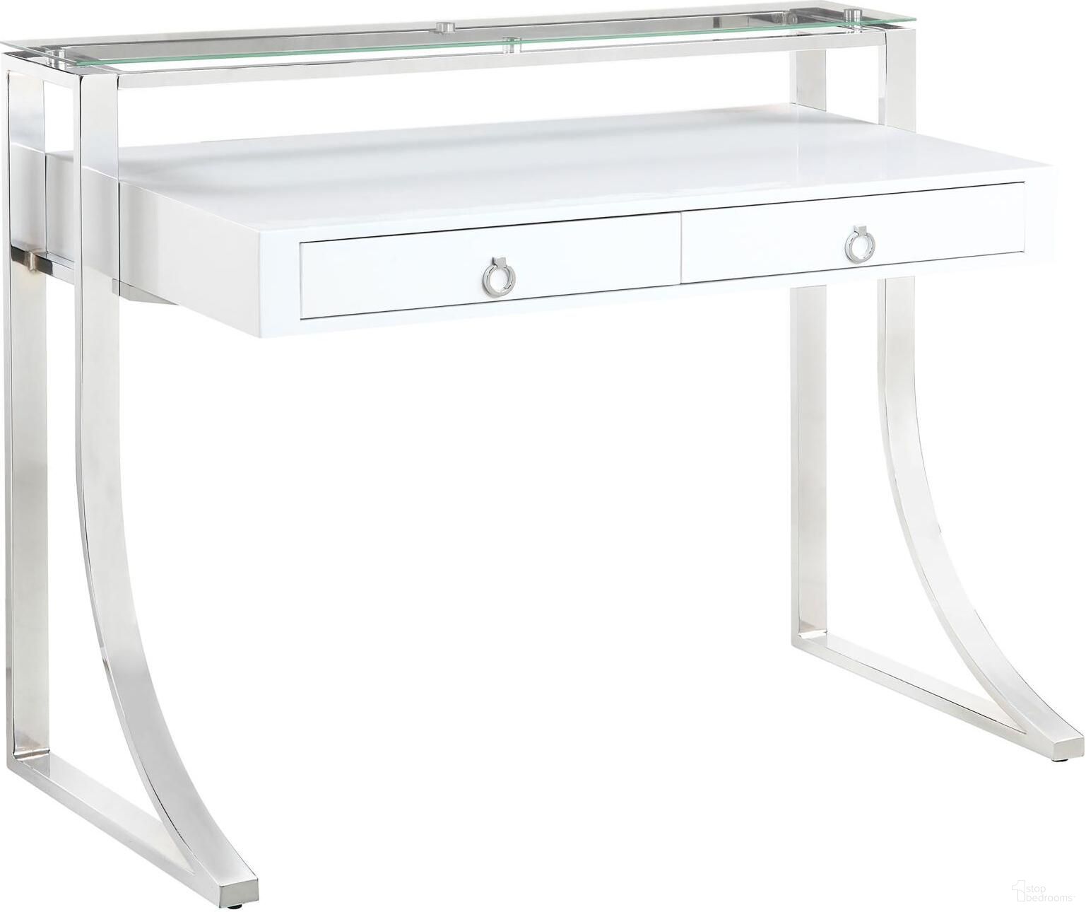 The appearance of Gemma 2-drawer Writing Desk Glossy White and Chrome designed by Coaster in the modern / contemporary interior design. This white high gloss piece of furniture was selected by 1StopBedrooms from Gemma Collection to add a touch of cosiness and style into your home. Sku: 802141B1;802141B2. Material: Wood.