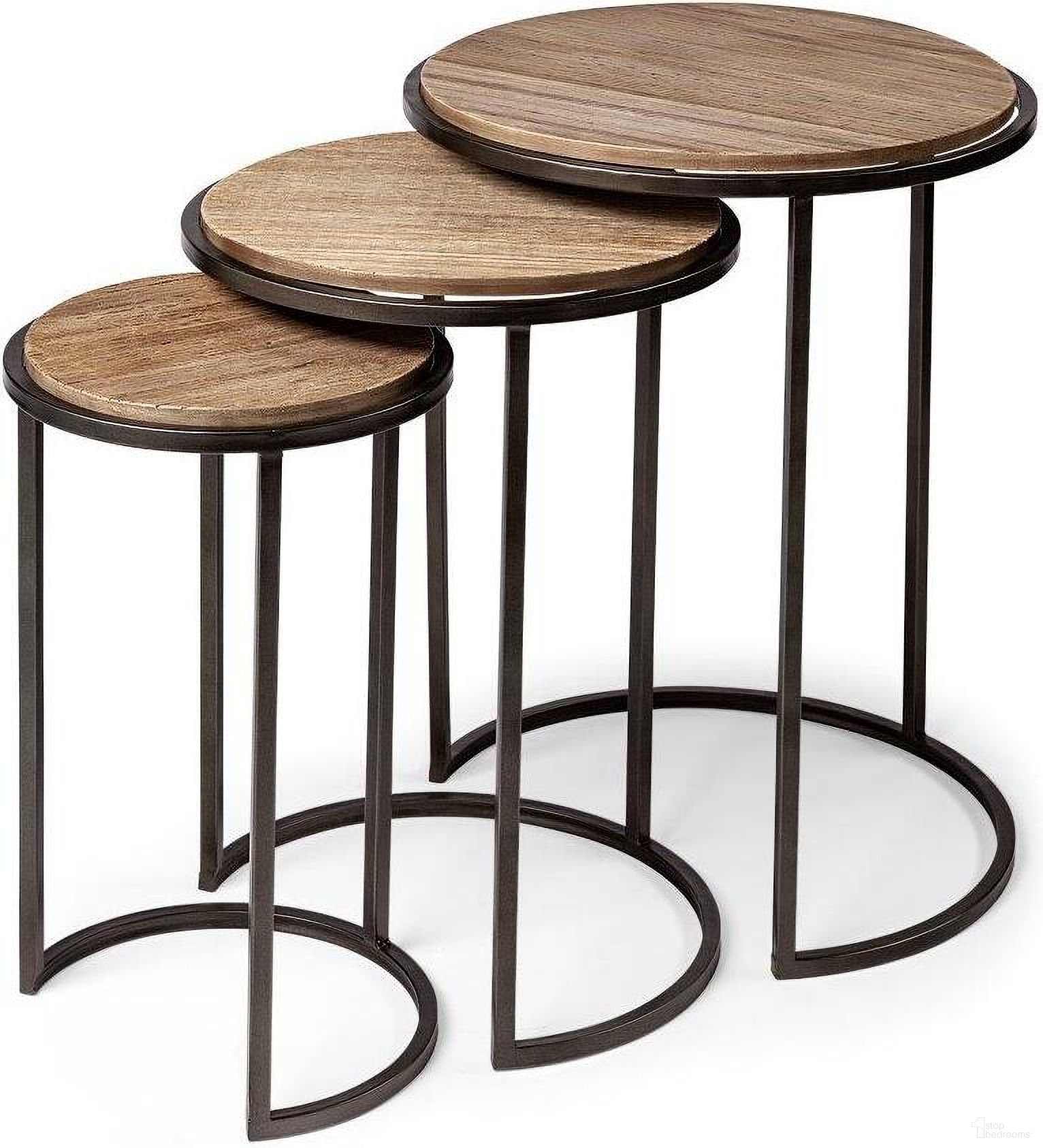 The appearance of Glover Brown Wood Round Top With Metal Nesting Accent Tables Set of 3 designed by Mercana in the modern / contemporary interior design. This black and brown piece of furniture  was selected by 1StopBedrooms from Glover Collection to add a touch of cosiness and style into your home. Sku: 68814. Material: Wood.