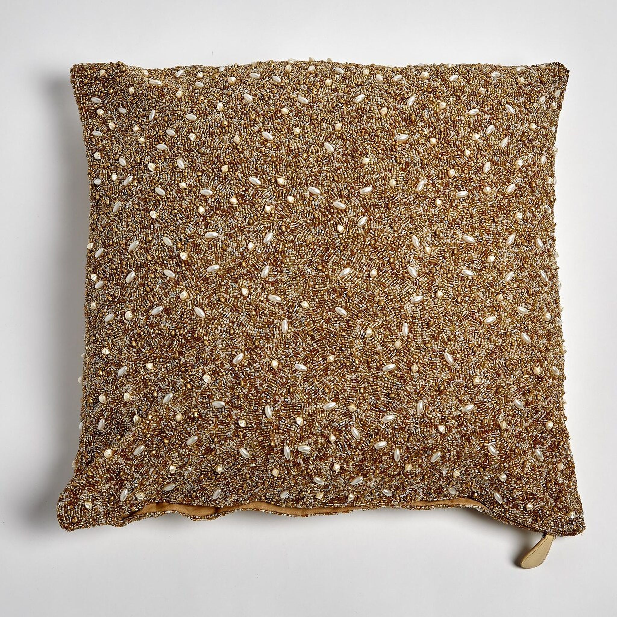 Golden Beaded Pillow In Gold