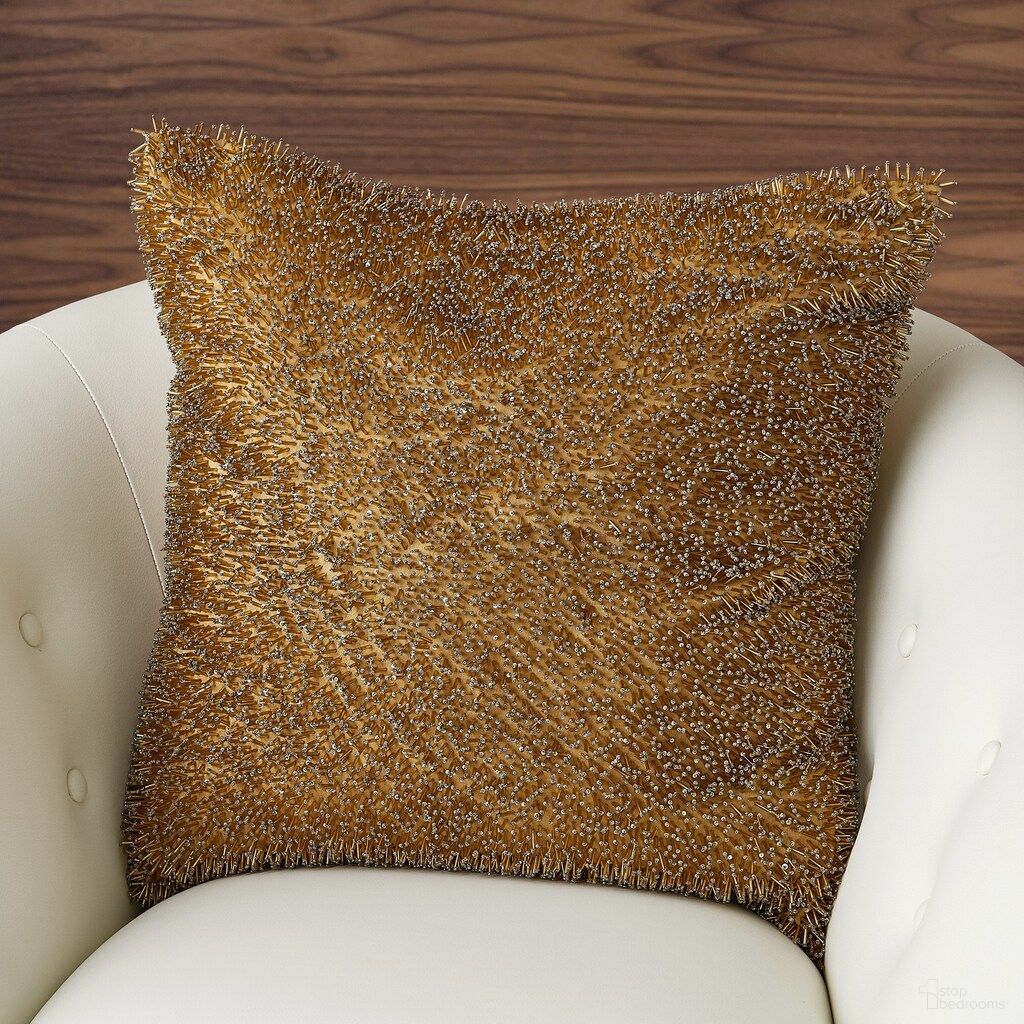 Golden Beaded Shag Pillow In Gold