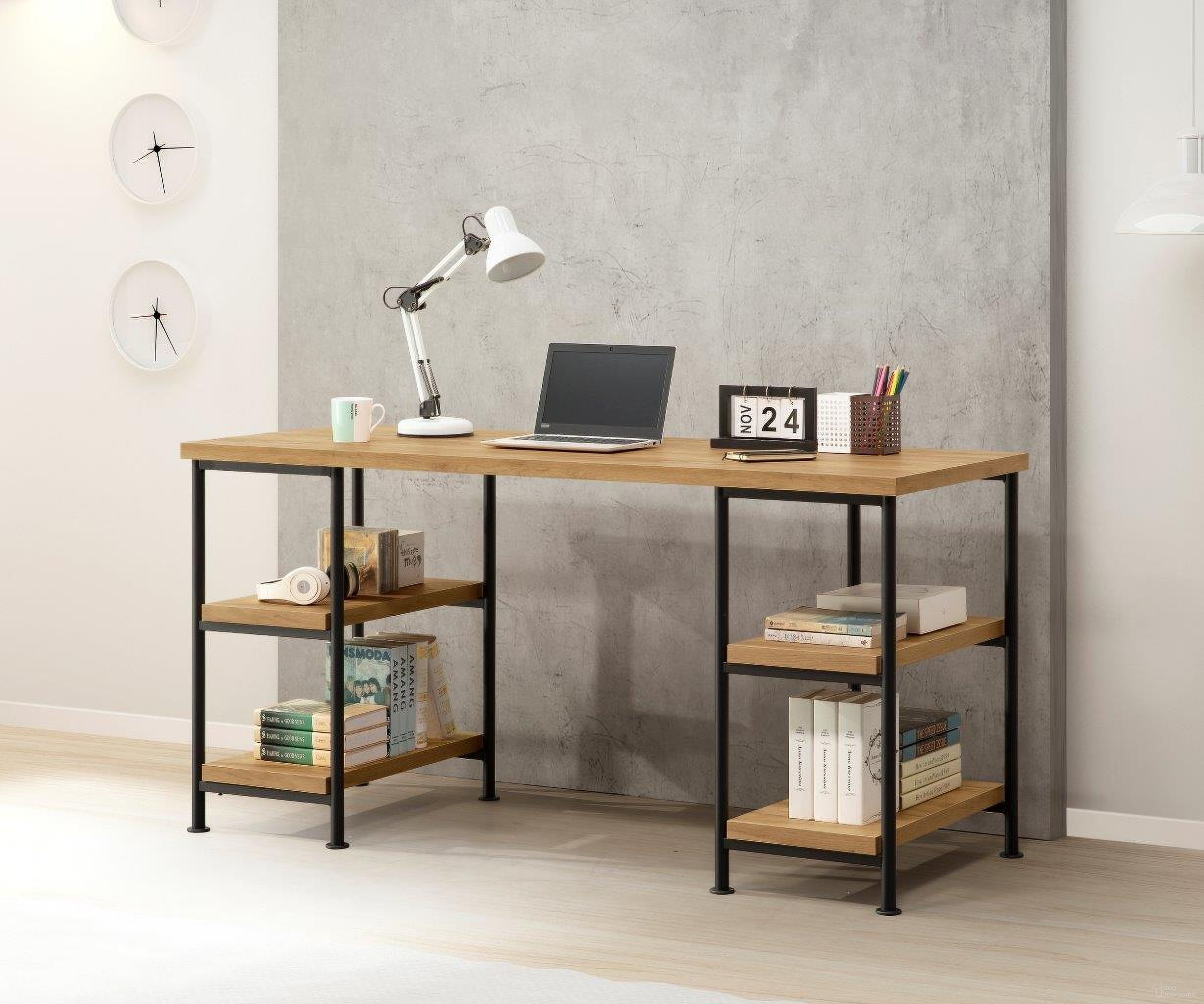The appearance of Golden Oak 4 Shelves Desk designed by Bernell in the modern / contemporary interior design. This gold piece of furniture was selected by 1StopBedrooms from Golden Oak Collection to add a touch of cosiness and style into your home. Sku: 401-715. Material: Melamine.