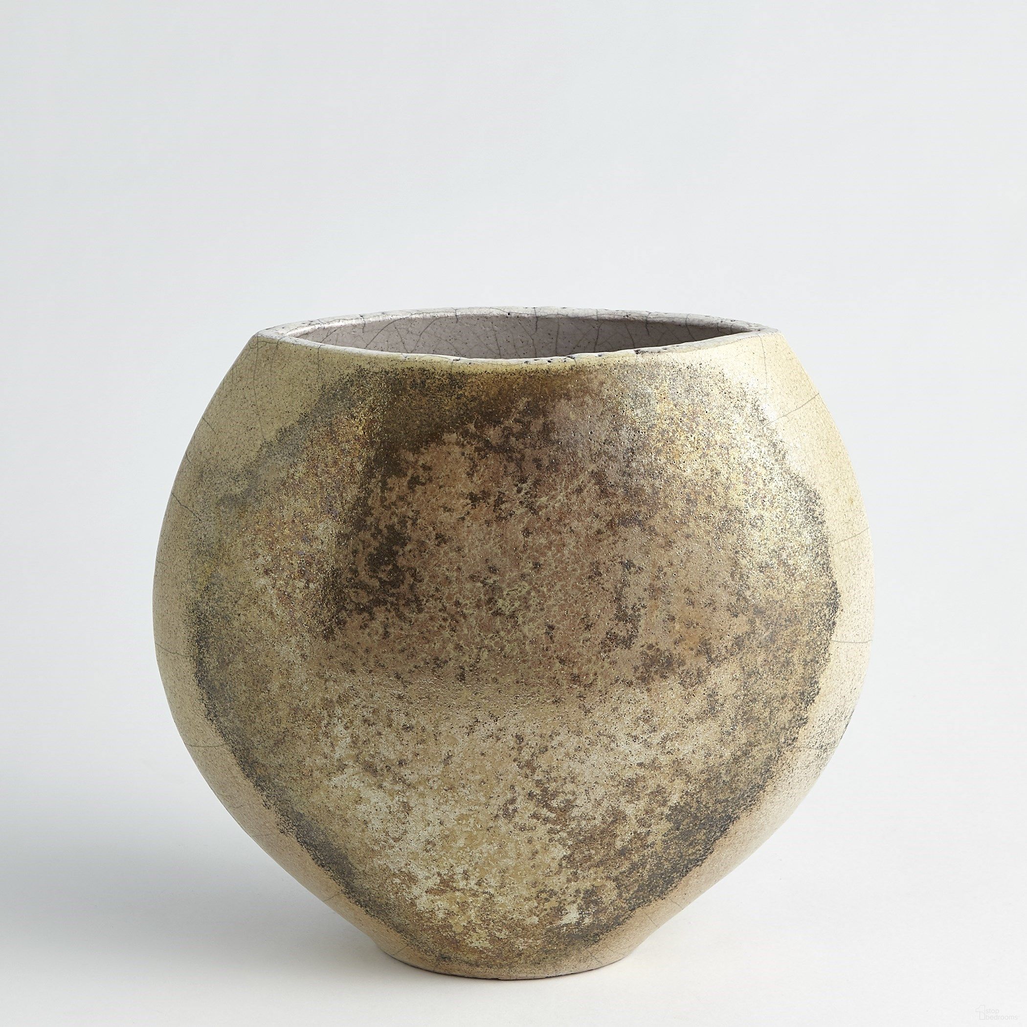 Golden Raku Flat Round Vase In White